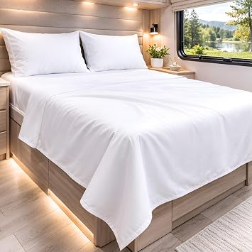 Cottington Lane RV Short Queen Sheets 100% Egyptian Cotton, Camper Bedding 60" x 74" Premium Quality 4 Piece Sheet Set for Motorhomes, High Thread Count White Solid with 6-10" Deep Pocket