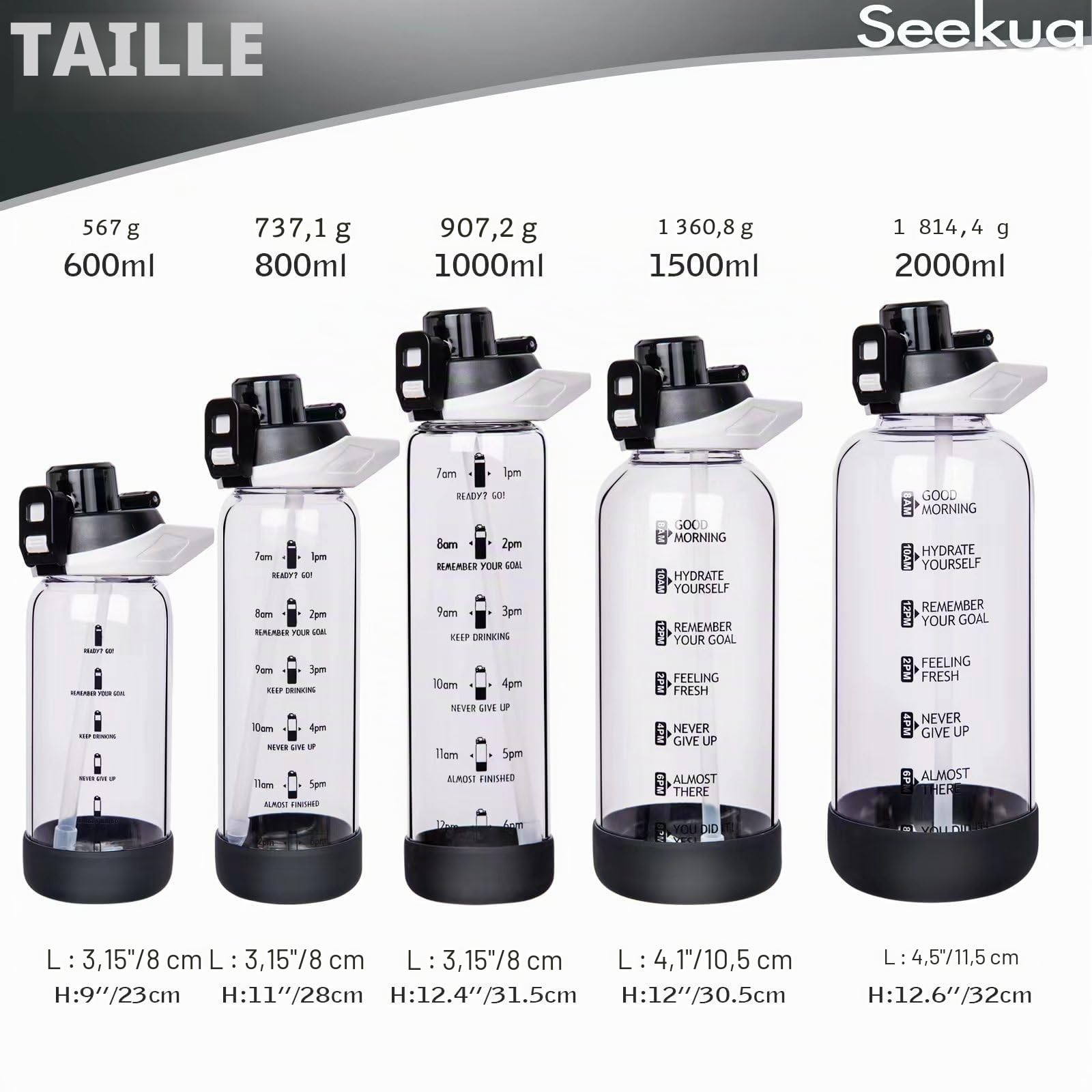 2l Sport Gourde Verre avec Paille & Heure de Motivation 2 litres grande Bouteille d'eau Verre Réutilisable sans BPA avec Marqueur de Temps