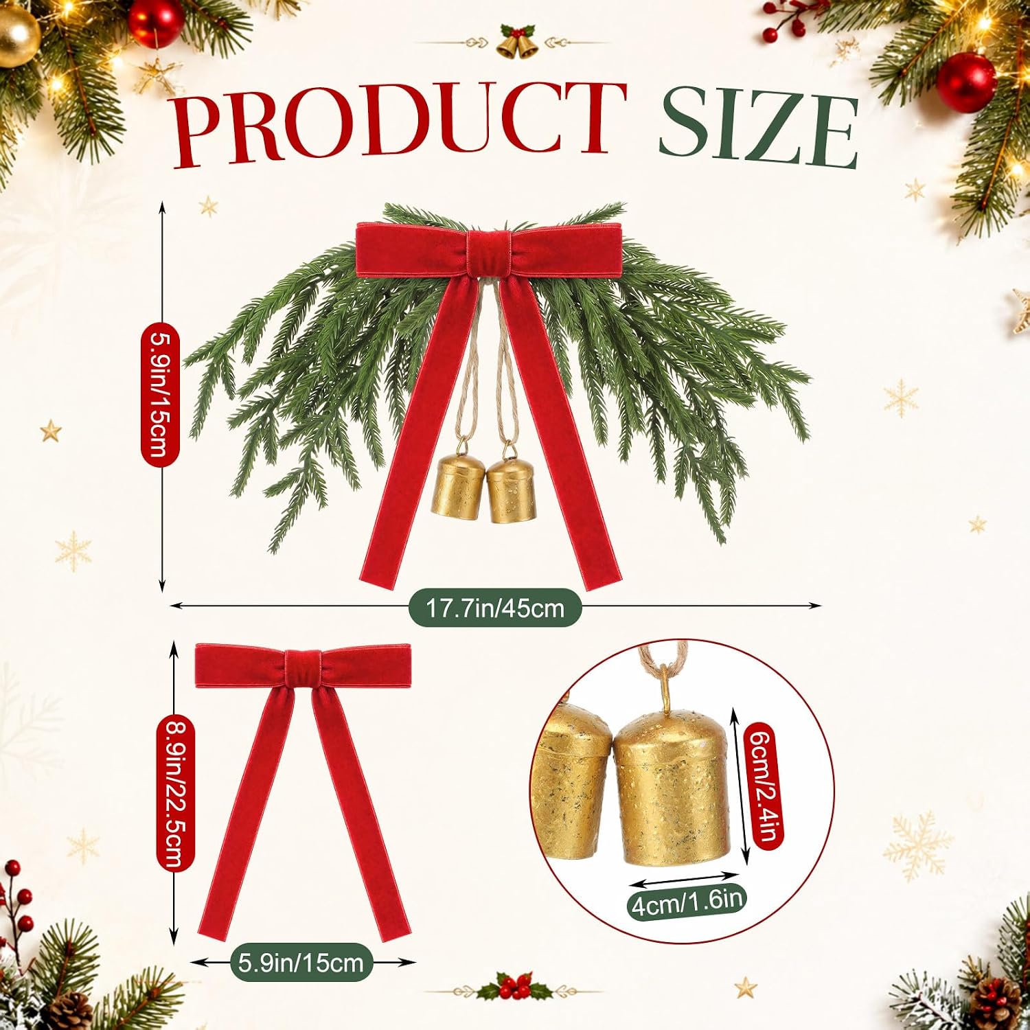 Thiccywoov 4Pcs Christmas Norfolk Pine Swag with Bow&Bells Chandelier Decor