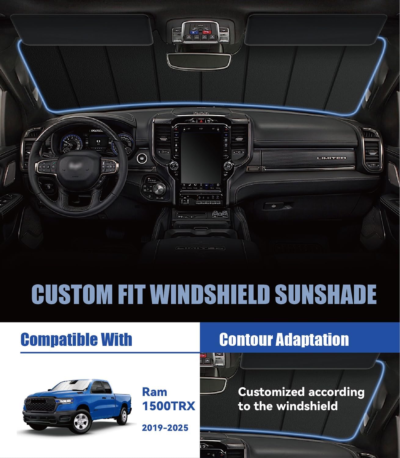 Windshield Sun Shade for Ram 1500 (2019-2026), Custom-fit Windshield Cover, Keep Vehicle Cool, Protect Dashboard, Foldable Car Window Shades – Ram 1500 Accessories