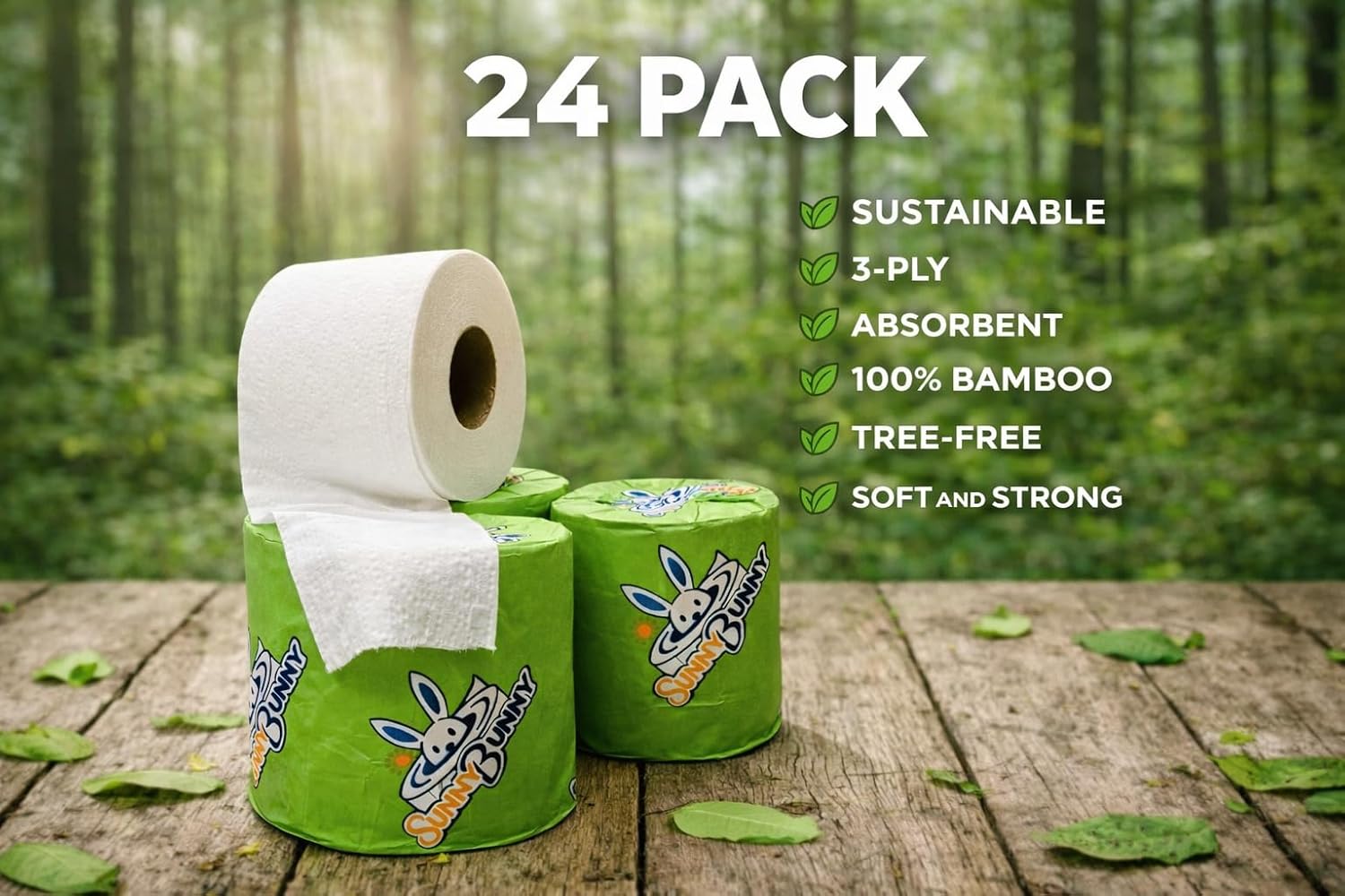 Sunny Bunny 3-ply 100% Bamboo Toilet Paper | Strong, Soft, Made in the USA, Eco-friendly, Sustainable, septic-friendly, PFAs free