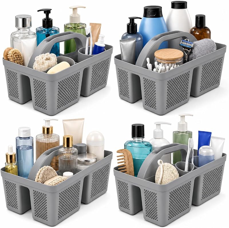 4 Pack Portable Shower Caddy, Integrated Handle, Reinforced Plastic, Organizer Storage Bathroom Supplies and Beauty Products, Cleaning Supplies, Shower Basket for Home, Dorm, Shelf and Cabinet
