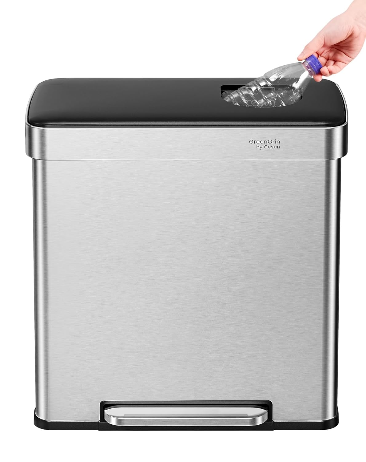 Cesun GreenGrin Kitchen Trash Can, 2x8 Gallon Dual Compartment Trash and Recycle Bin Combo, Double Stainless Steel Step Garbage Can with Lid,Recycling Push Flap,Removable Inner Buckets,30L+30L(Sliver)