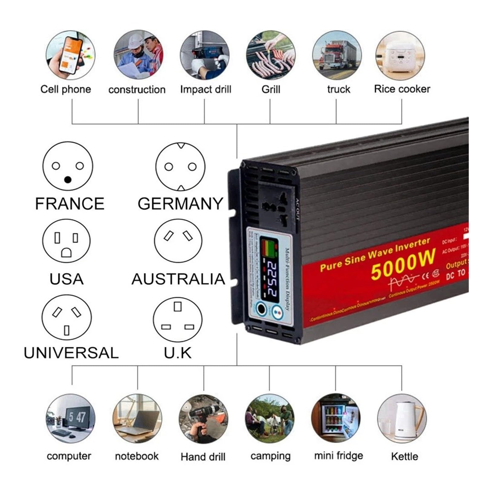 Transformador Voltaje 12 V/24 V CC A 110 V/220 V CA 2000 W 3000 W 4000 W 5000 W Convertidor Potencia Inversor Solar Inversor Onda Sinusoidal Pura Convertidor(3000W,60V,220V-230V 50HZ)