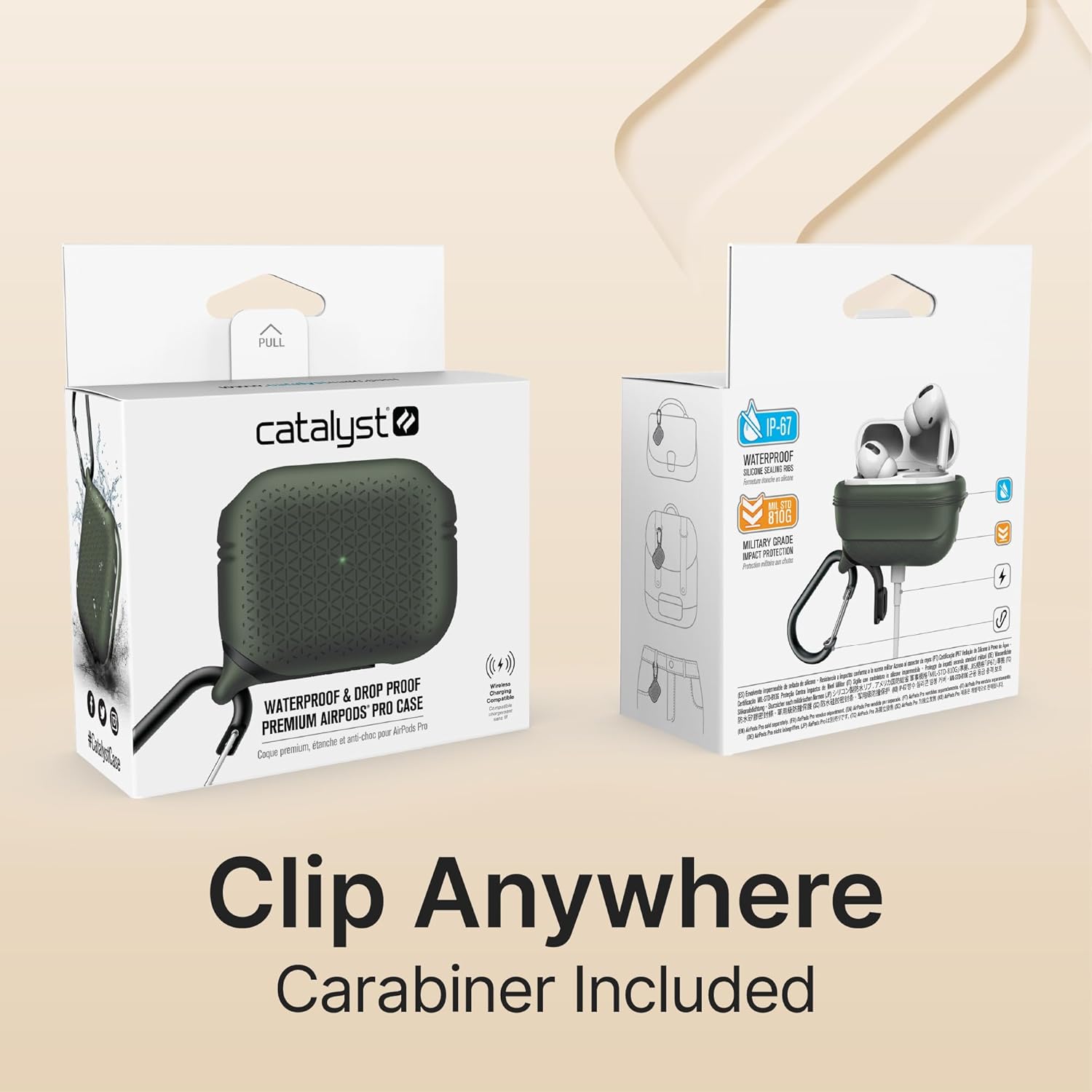 Catalyst Waterproof Case for AirPods Pro 2nd Generation and AirPods Pro 1st Generation - Wireless and USB-C Charging Compatible, One Piece Design, High Drop Protection Case with Carabiner