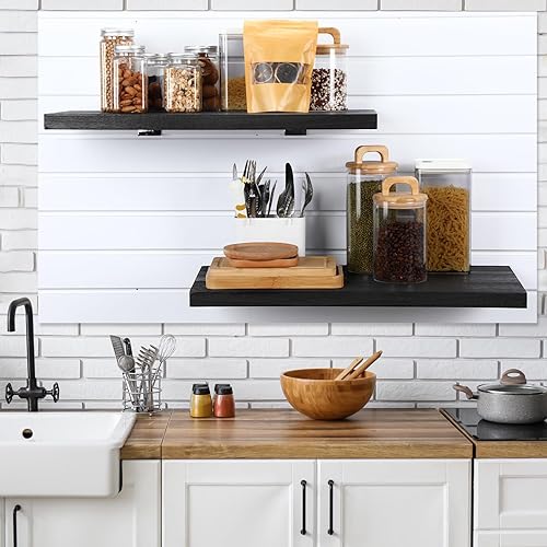 Miniatura 6 de Landical Paquete de 4 estantes de madera con listones de madera, estantes negros con ganchos de metal, juego de accesorios montados para garaje,