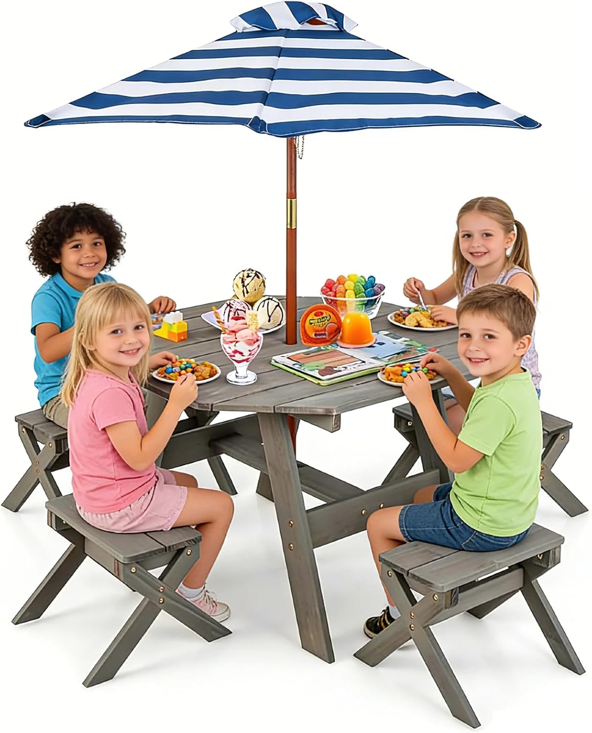 HONEY JOY Kids Picnic Table, Fir Wood Octagon Table & 4 Stool Set, Stripe Fabric Umbrella, Toddler Picnic Table for Outdoors, Children Backyard Furniture for Patio Garden(Gray)