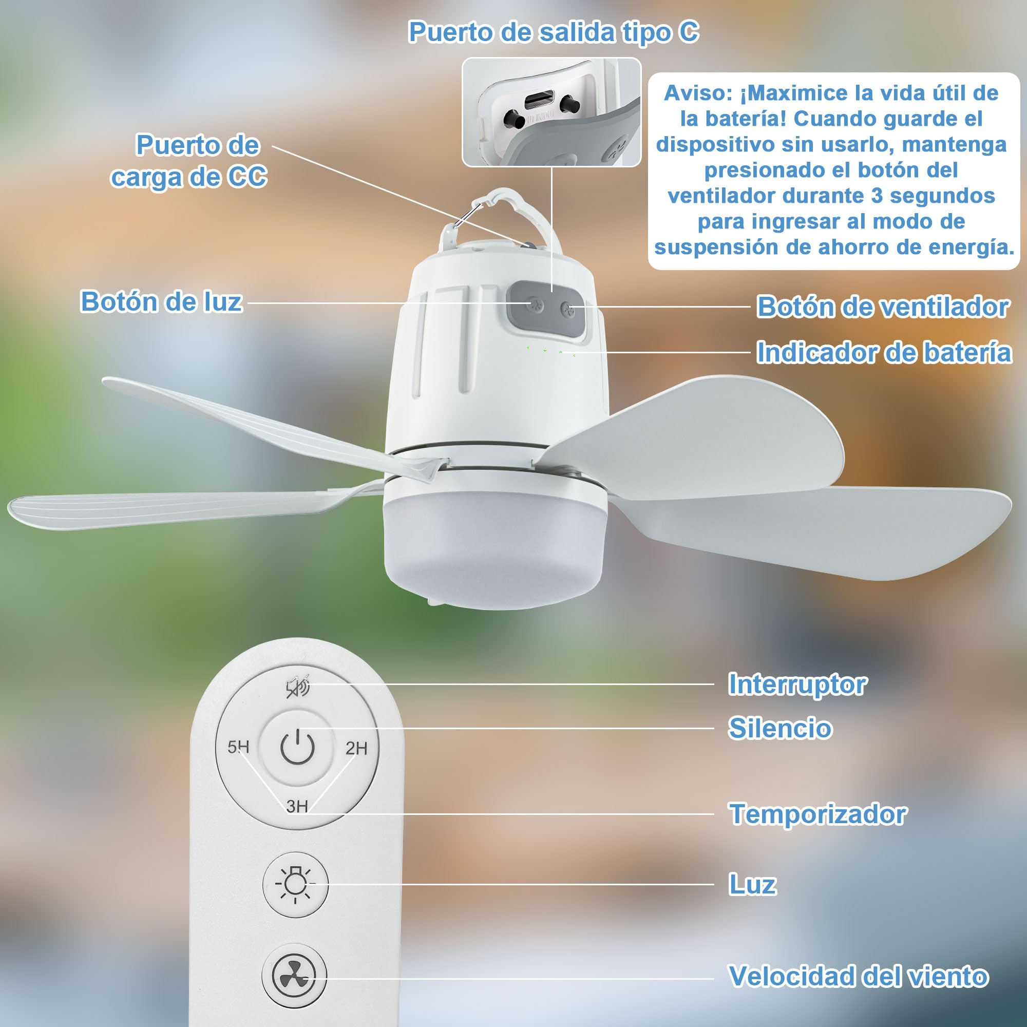 Gliztech Ventilador Techo Exterior 50CM, 20000mAh Ventilador Techo Luz con Batería Blanco, Recargable y Extraíble con Gancho y Mando a Distancia para Cenador, Terraza, Tienda de Campaña, Sombrilla