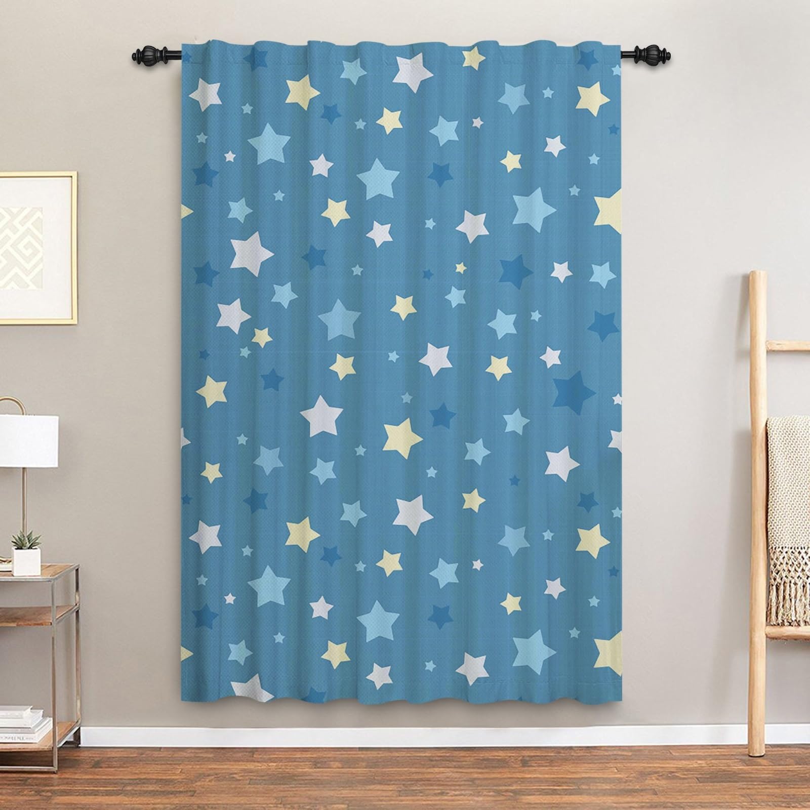 ggaimwf Star Curtains for Kids Bedroom Blue Stars Pattern Galaxy Cartoon Curtains Tape Top Window Door Curtains for Boys Baby Nursery Playroom Room Divider Rod Pocket Curtain 132x214cm 1 Panel - Image 2