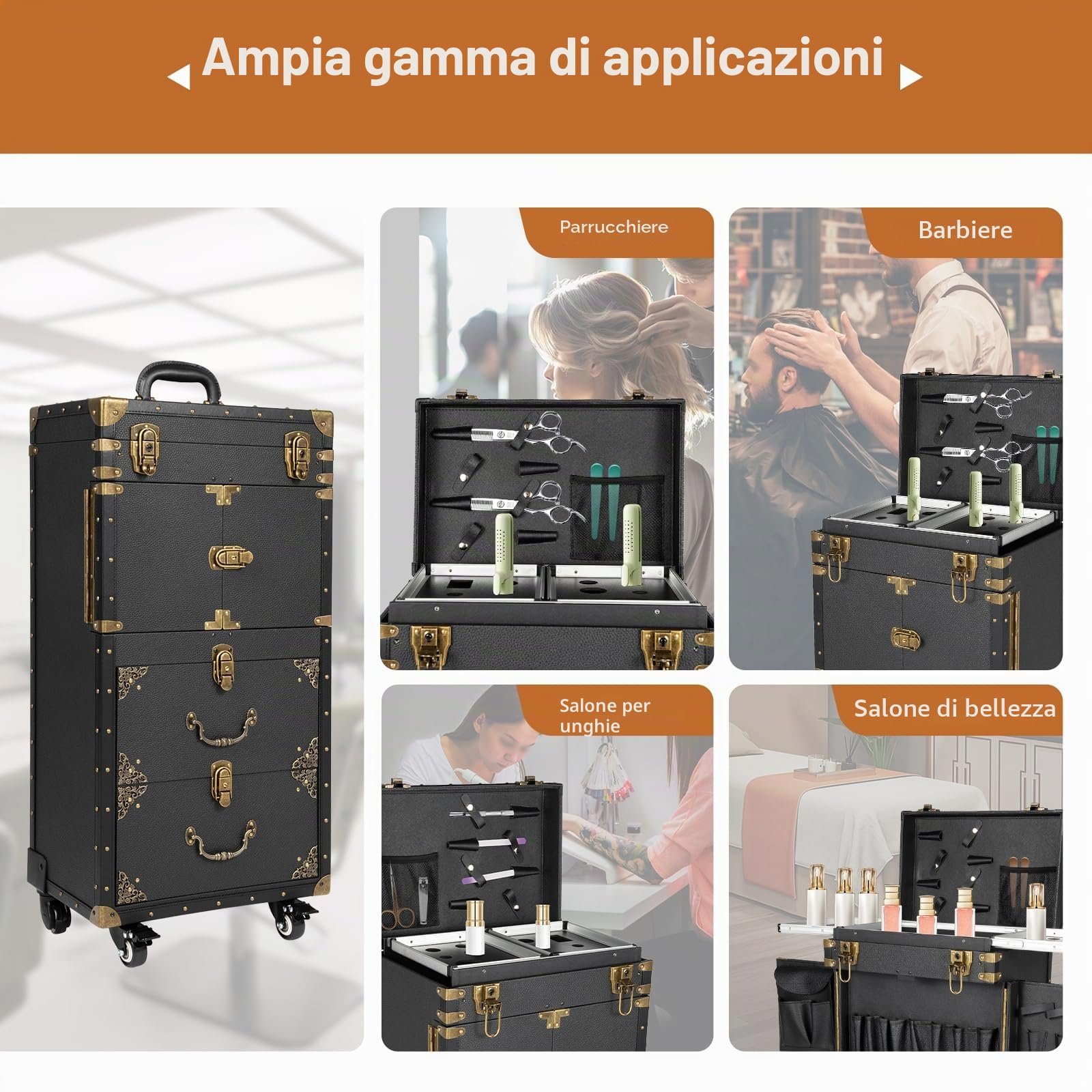 Carrello da parrucchiere a 3 livelli con lucchetto, scatola degli attrezzi per salone di bellezza, supporto per asciugacapelli, per parrucchieri, stilisti, 39 x 25 x 82 cm