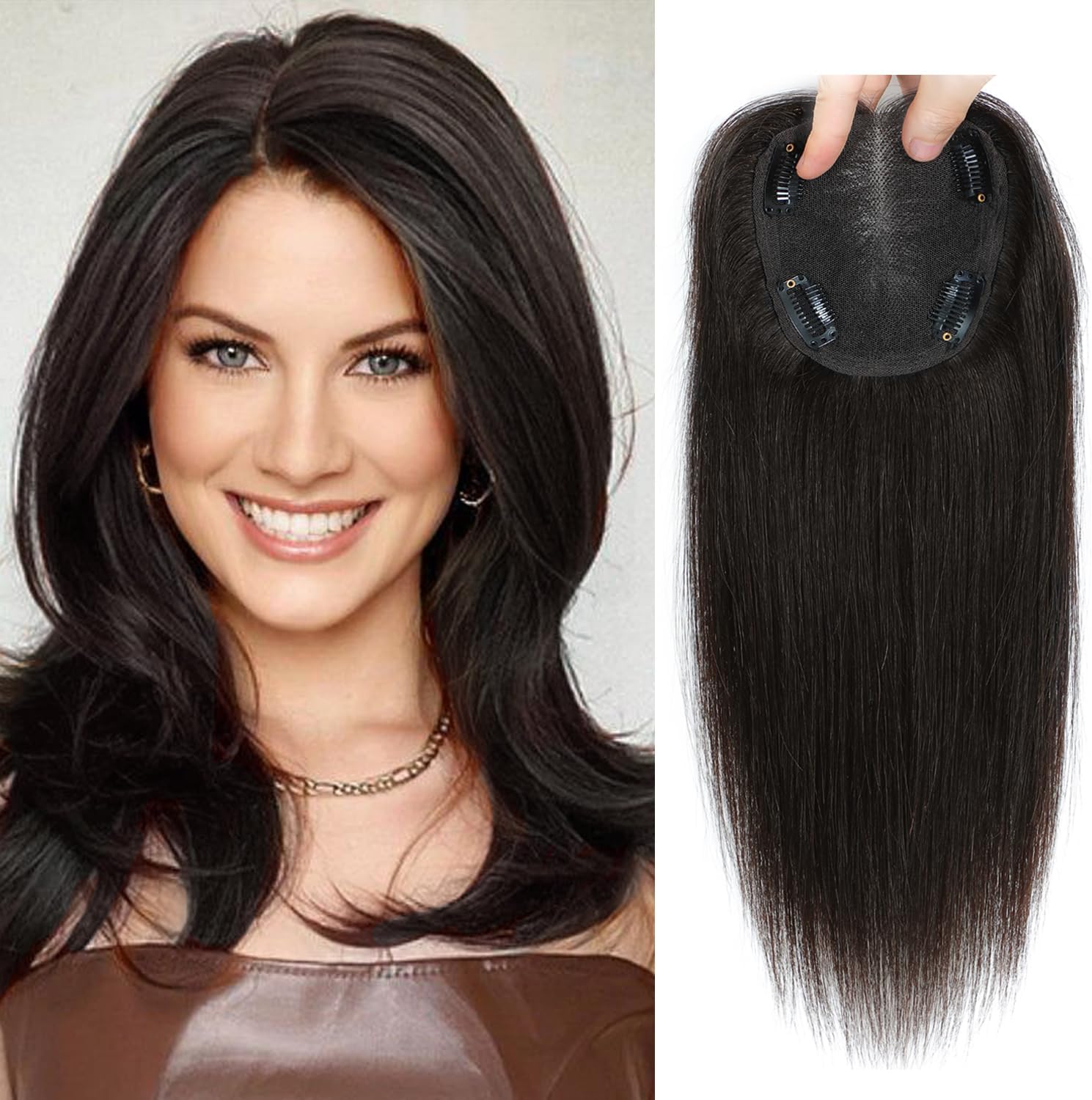 Human Hair Toppers for Women Real Hair Topper with Thinning Hair 120% Density Round Shaped Swiss Base Clip in Fringe Human Hair Topper Top Hair Pieces 40g-Dark Brown(12inch, 2#)…