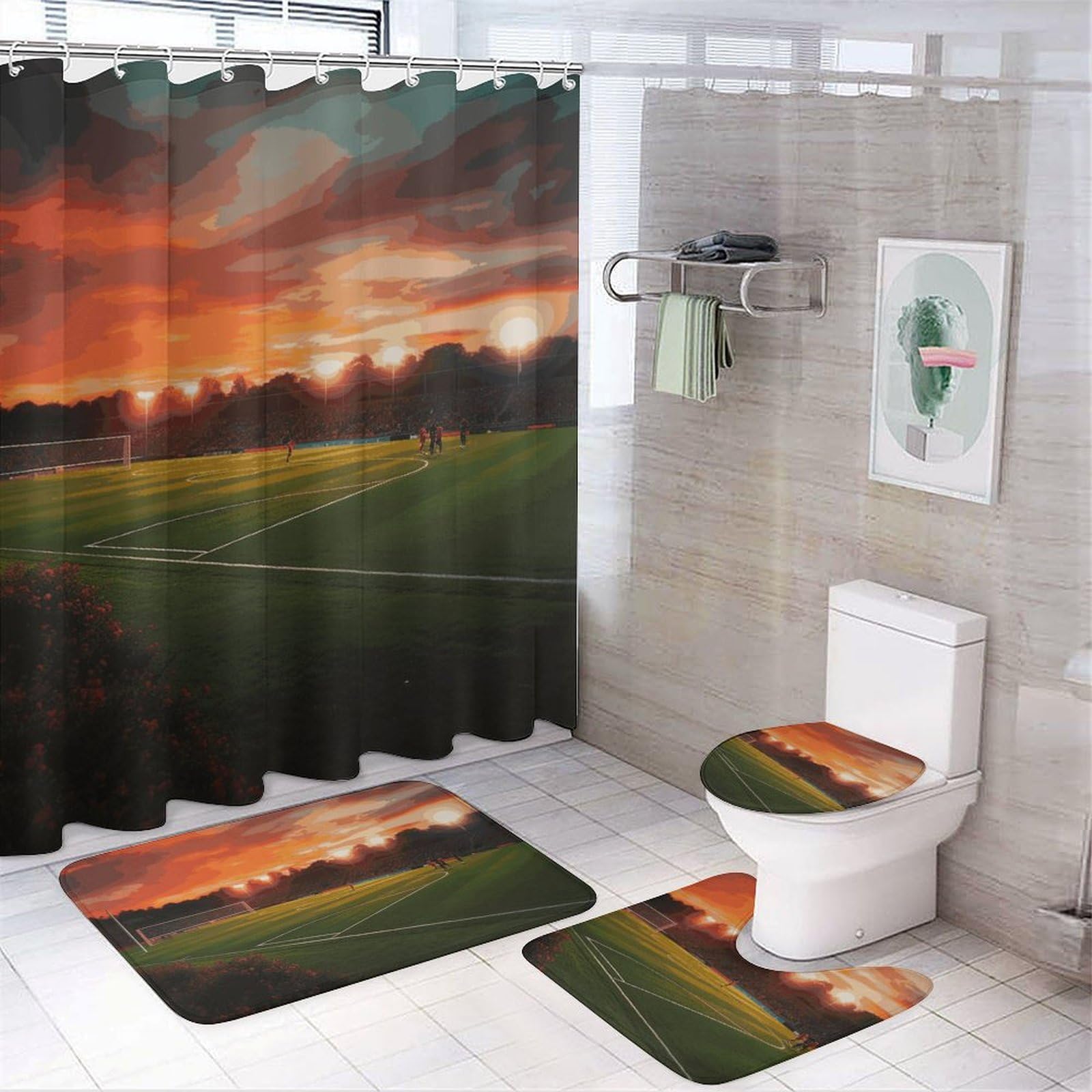 Rideaux de douche Sunset Beautiful Soccer Field et tapis de bain assortis
