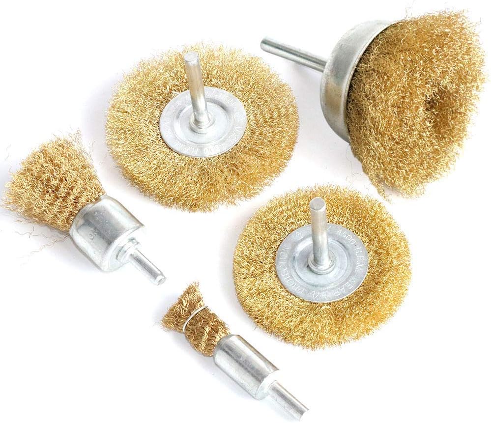 FPPO 5pcs Brass Wire Wheel Brush Kit for Drill,Crimped Cup Brush with 1/4-Inch Shank ,0.13mm True Brass Wire,Soft Enough to Cleaning or Deburring with Less Scrach