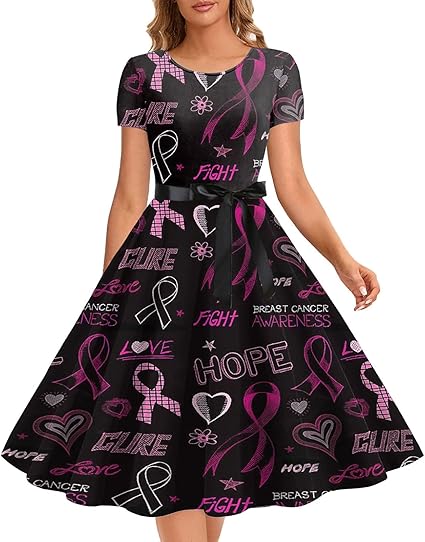 Orbgons Robe Pour Sensibilisation Cancer Du Sein Rose Femme Retro Rockabilly Pin Up Élégante Robes Sans Manche Trapèze Mariage Cocktail Soirée Fête Cérémonie Décontractée Genou Midi Robe (Black, S