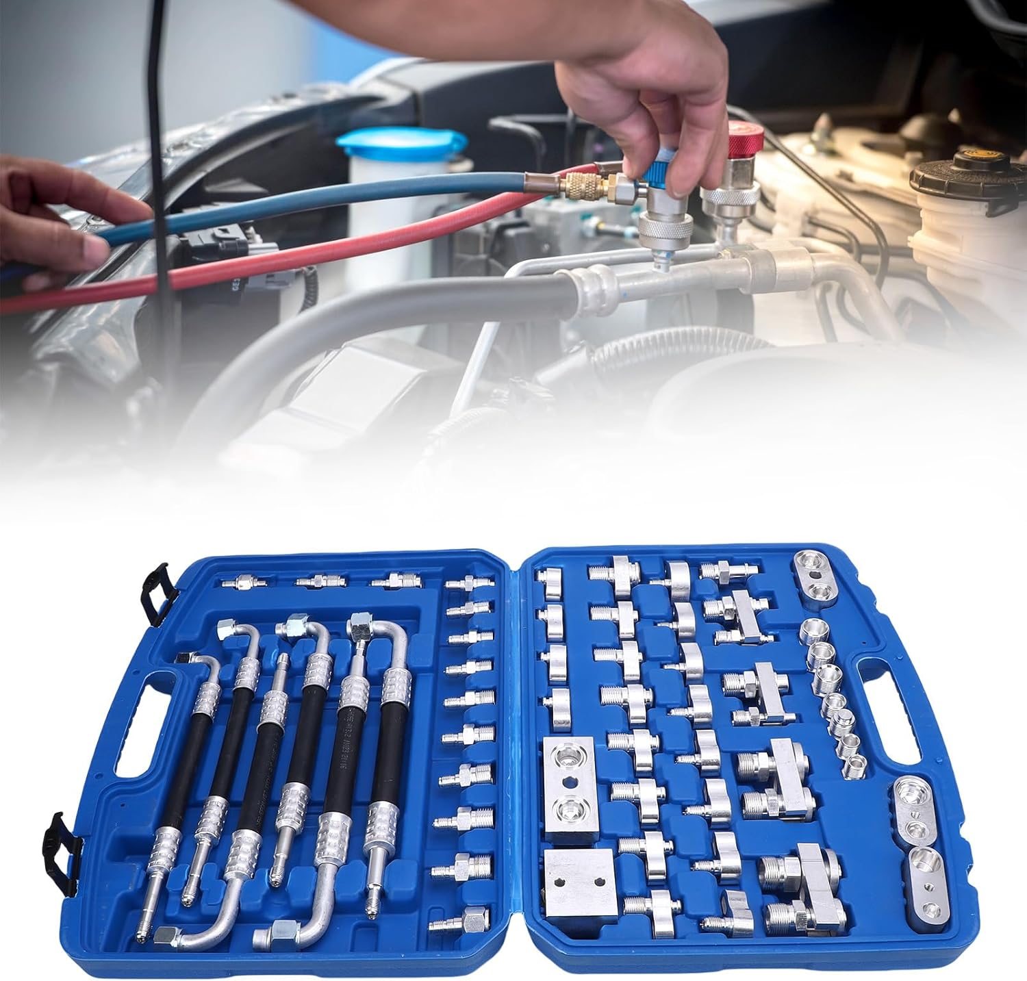 56pcs Automotive Air Conditioning Leak Test Kit Brass Air Conditioner Leak Detection Tool Repair Kit for Car and Truck Auto AC Systems, Durable Air Conditioning Pressure Testing