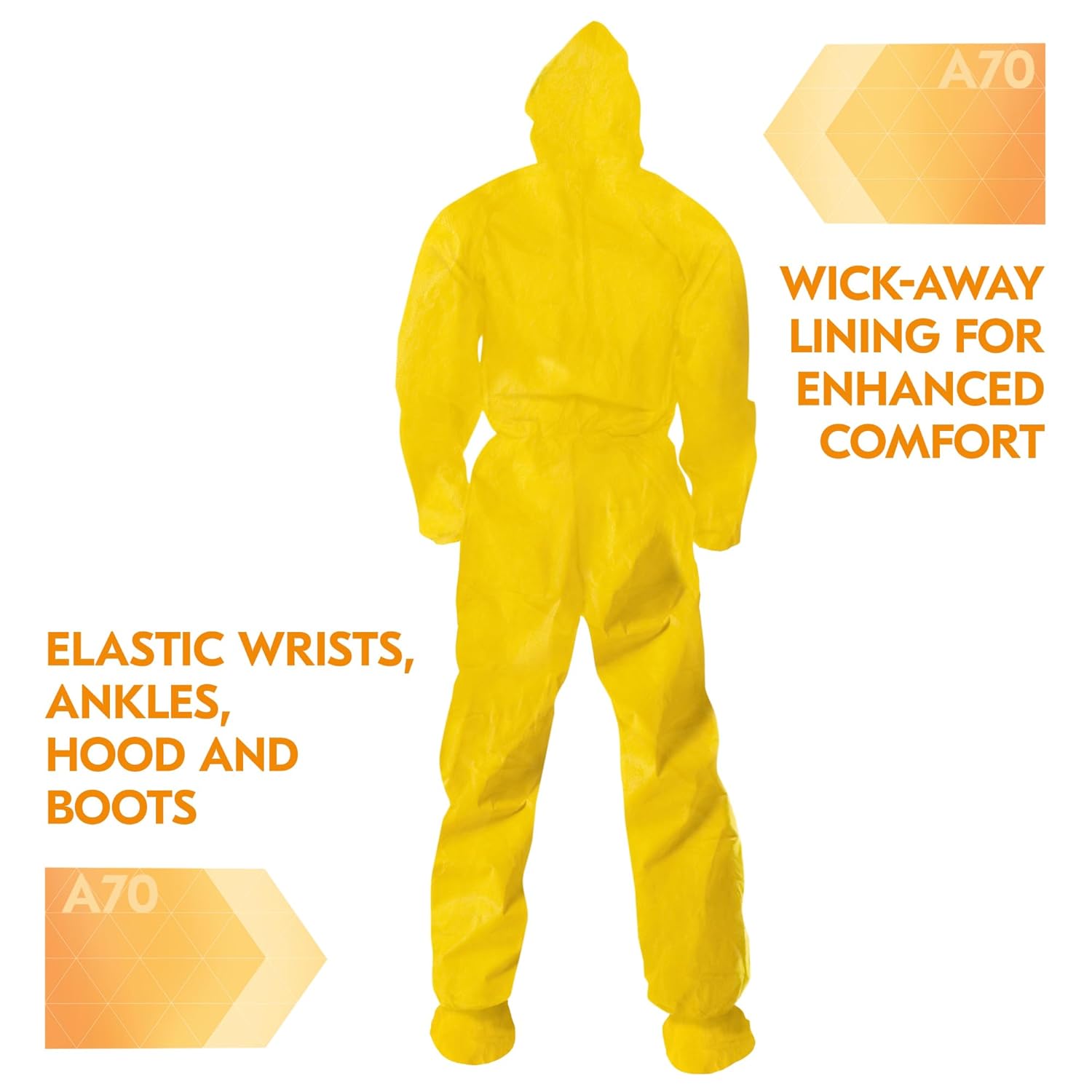 KleenGuard A70 Fabric Bound Seam Chemical Spray Protection Coverall with Hood and Boots, Disposable, Elastic Wrist, Yellow, X-Large (Pack of 12)