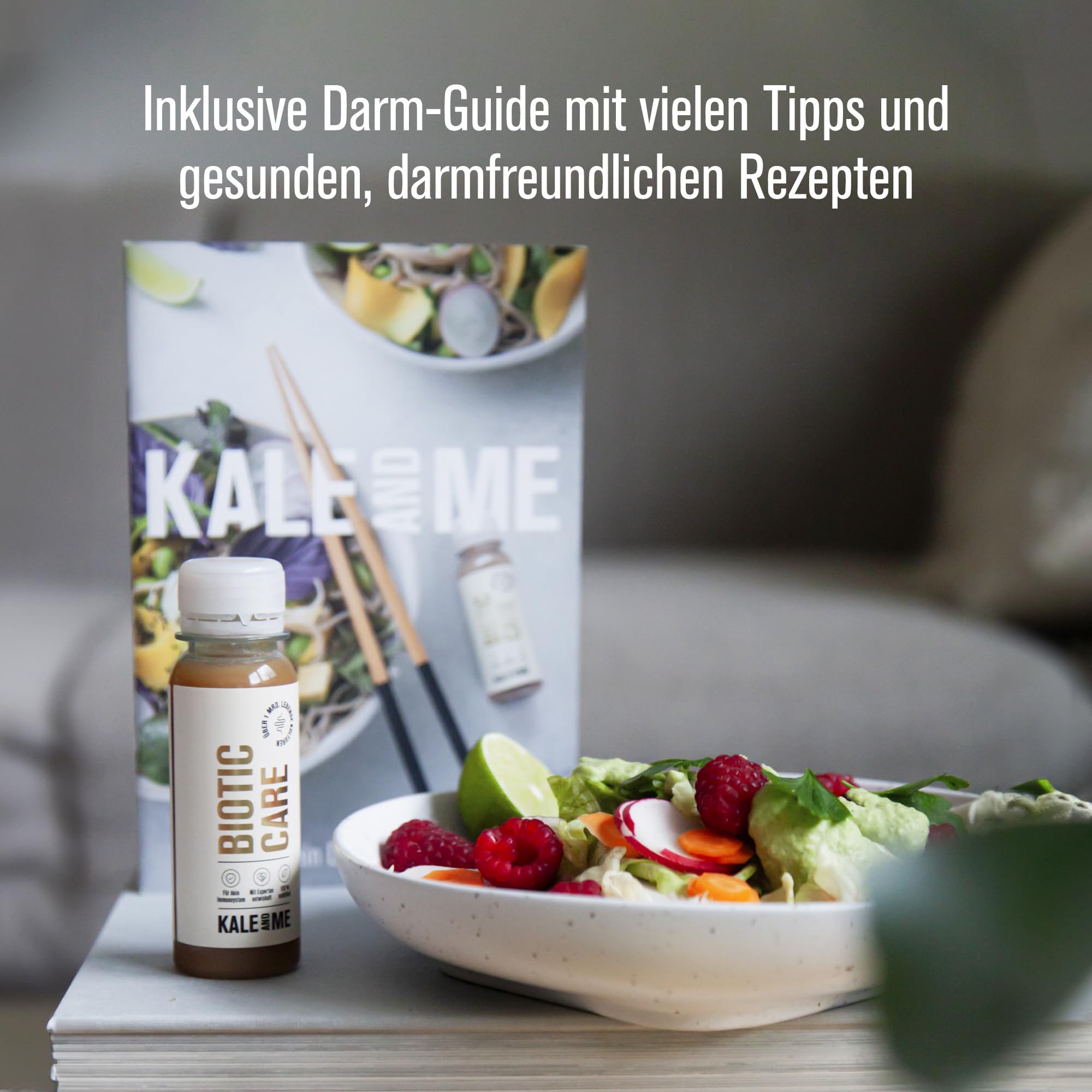 Kale&Me Darmkur 4 Wochen – 28 Shots mit je 85 ml – mit Darm-Guide | Biotic Care Shot mit sporenbasierten Bakterien & Präbiotika, vegan, ohne Zusatz- & Konservierungsstoffe, reich an Vitamin C