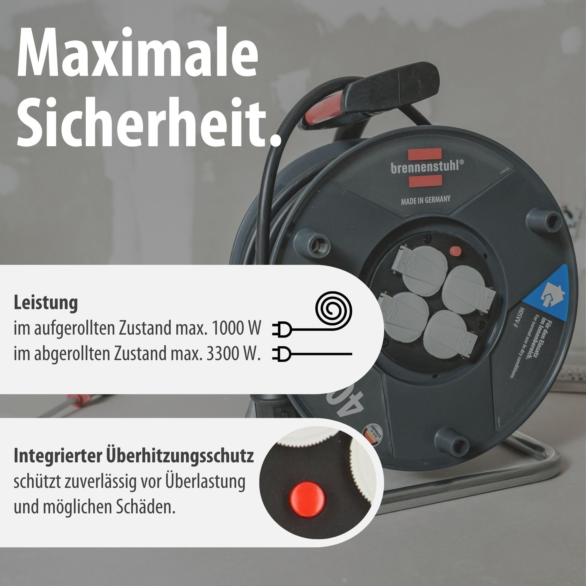 Brennenstuhl Garant V2 Kabeltrommel 40m Kabel (Made in Germany, 4 Schutzkontakt-Steckdosen, Überhitzungsschutz, Trommelkörper aus Spezialkunststoff)