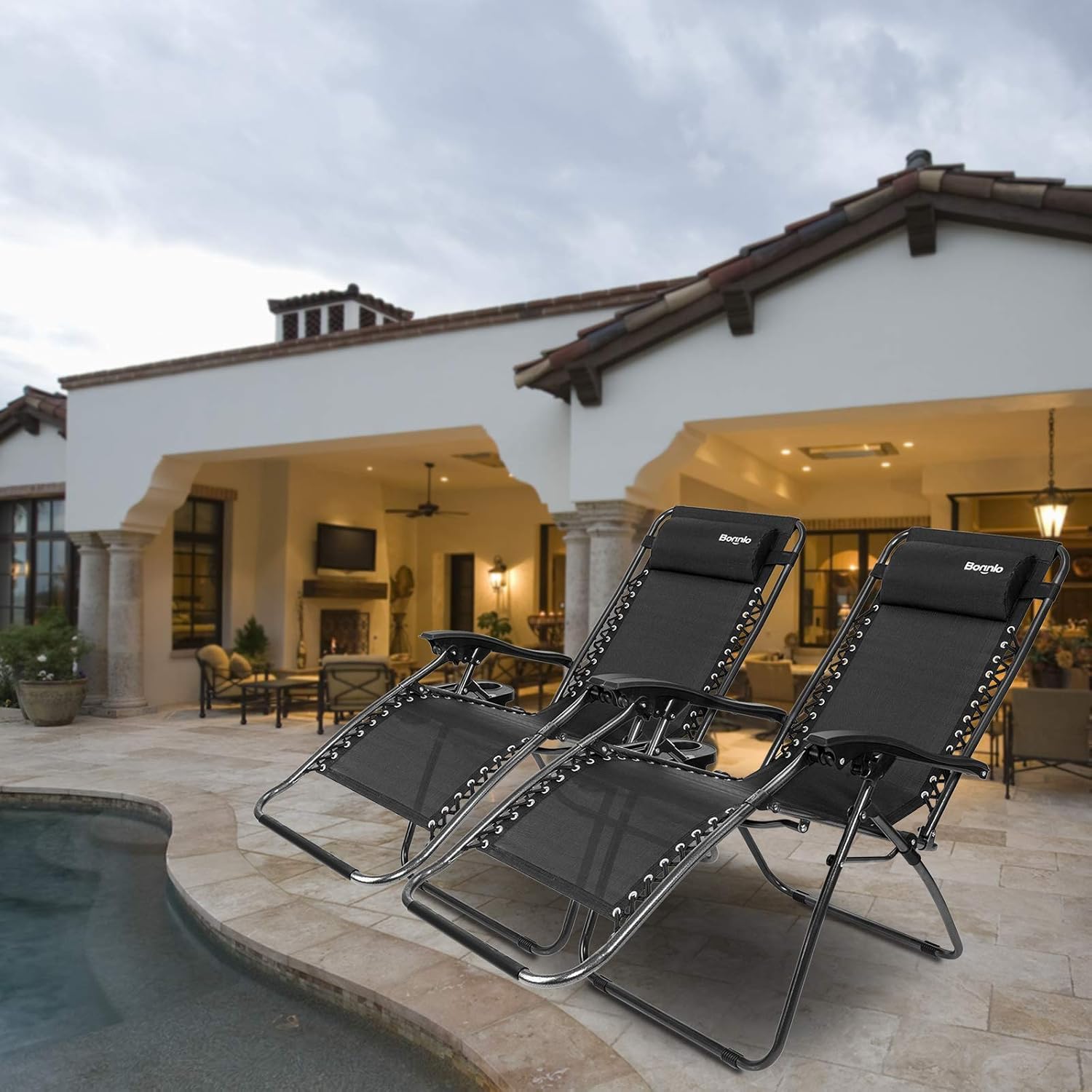 Outvita Set of 2 Zero Gravity Chair, Ajustable Outdoor Lounge Chair, Stable Metal Folding Recliner w/Pillow and Cup Holder Trays for Deck Lawn Patio Poolside Yard, Black