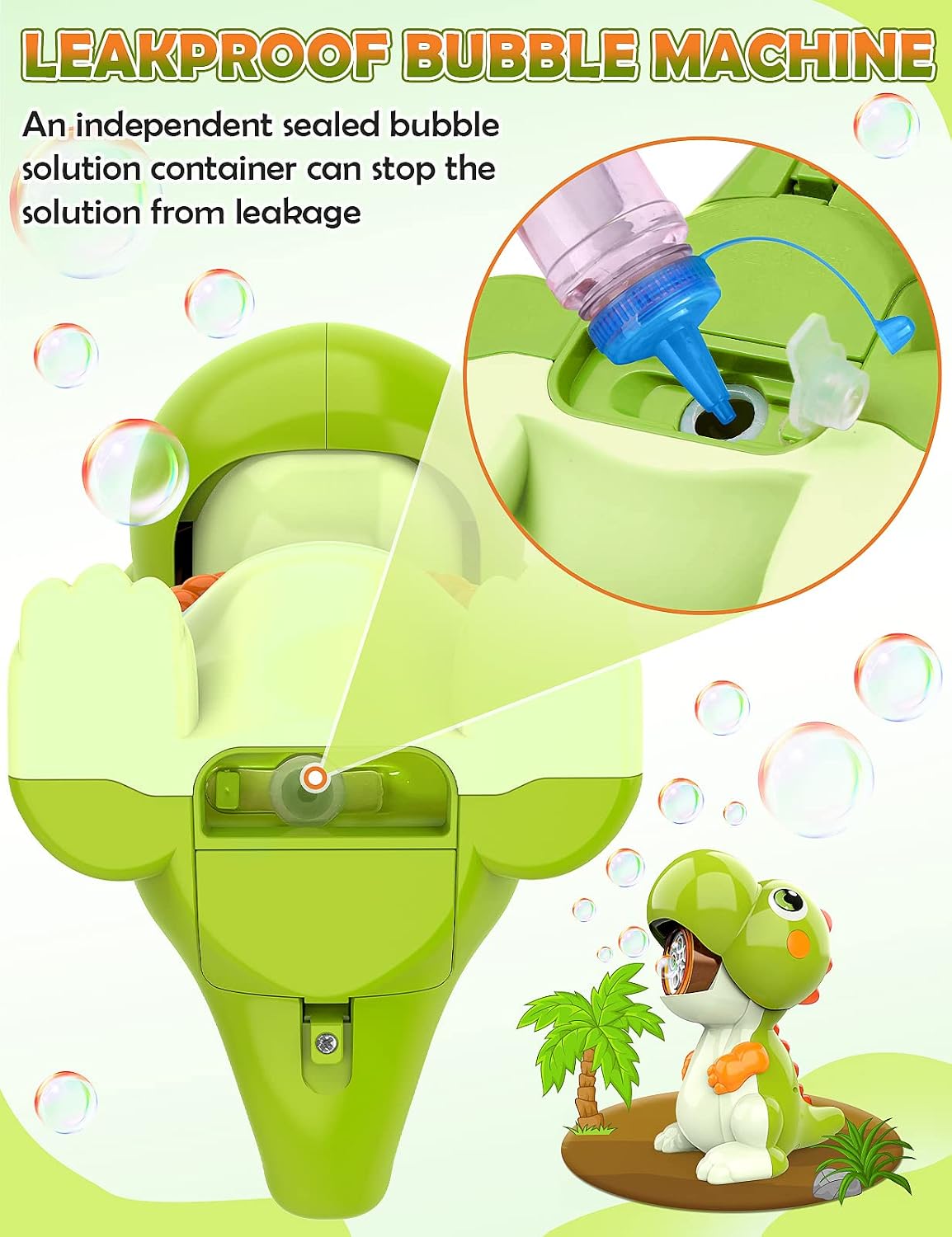 BubblePals Dinosaur Bubble Machine for Toddlers, Automatic Bubble Maker with Solutions for Kids Age 3-5 4-8, Outdoor Water Toys for Backyard Boys Girls Birthday Gift (Green)