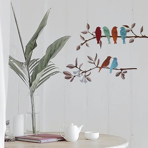 Miniatura 3 de HomeSoGood 2 piezas de arte de pared de pájaros de metal, decoración de pared de pájaros en rama, hojas colgantes con escultura de pájaros, pájaros