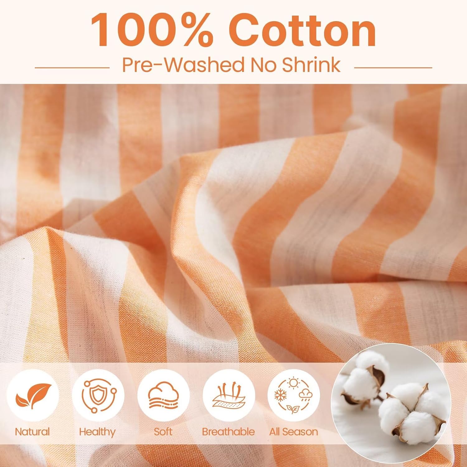 Queen Size 100 Cotton Duvet Cover Set Orange Striped Design,1 Duvet Cover with 2 Pillowcases,Soft Comfy Breathable Bedding Set,Quilt Covers with Zipper Closure Machine Washable 90"×90"