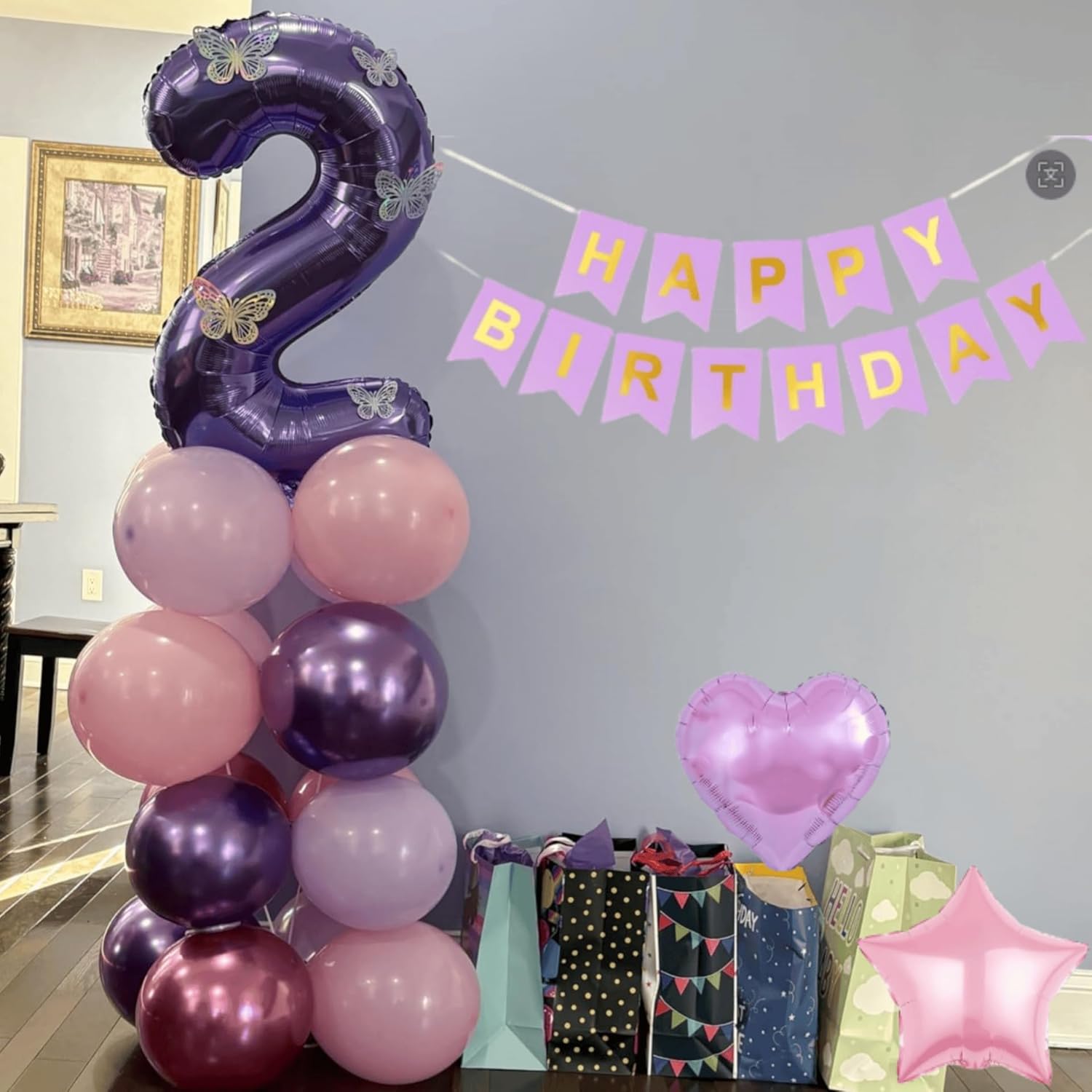 2nd Birthday Decoration for Girls,Pink Purple 2nd Balloon Number 2 Balloon with Butterfly Stickers Star Heart Foil Balloons Happy Birthday Banner for Baby 2 Year Old Party Decor - Image 4