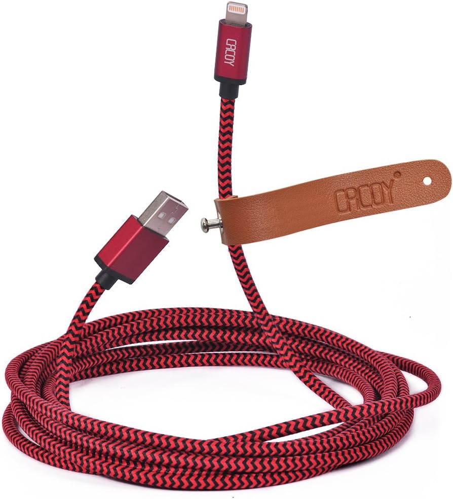 Cacoy Double Braided Nylon Lightning to USB Cable with Leather Strap, MFi Certified iPhone Charger for iPhone iPad, Red and Black, 10 Foot