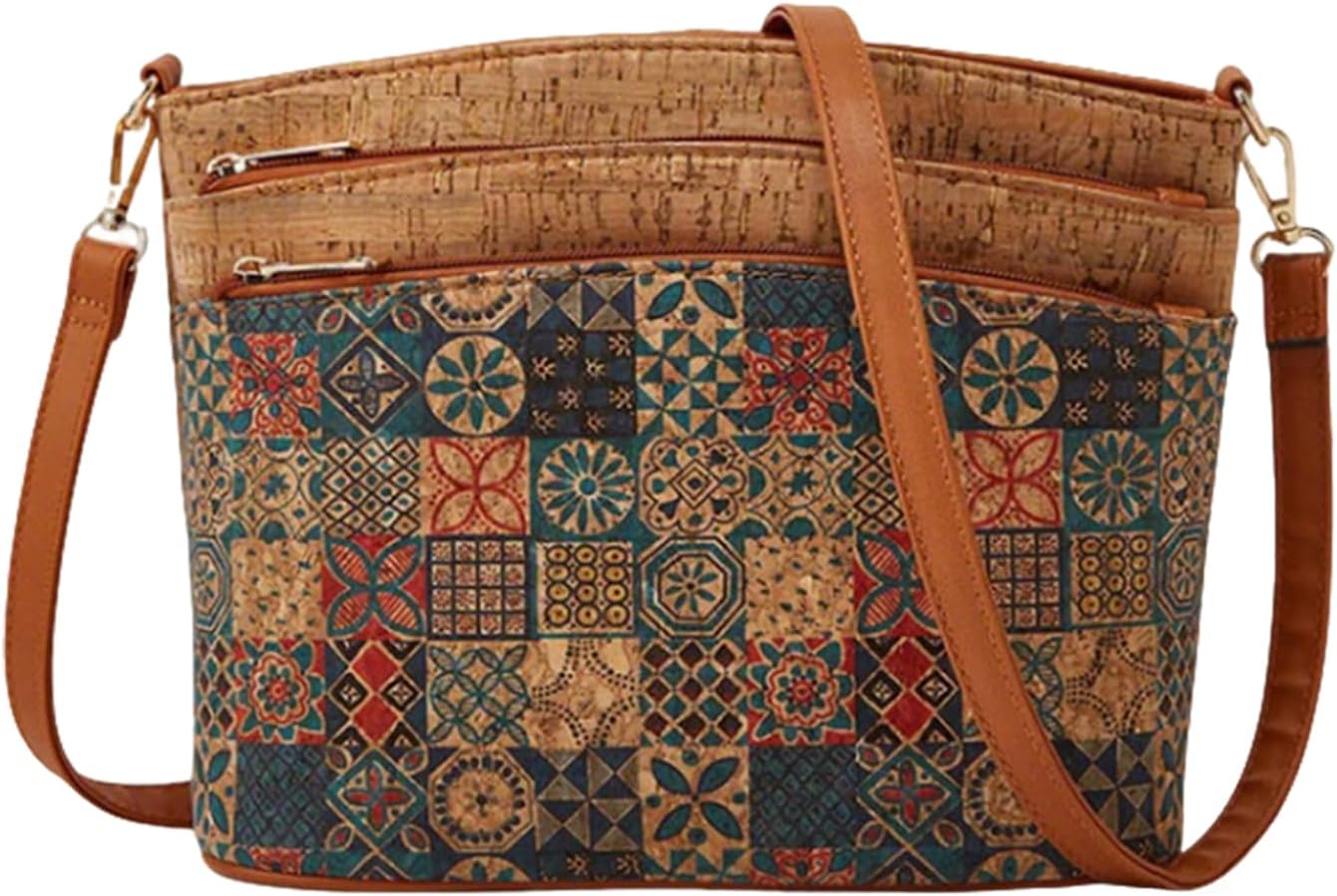 CORIOS Women's Bohemian Style Shoulder Crossbody Bag Cork Fabric Satchel Messenger Bag Top-Handle Bag with Ethnic Pattern