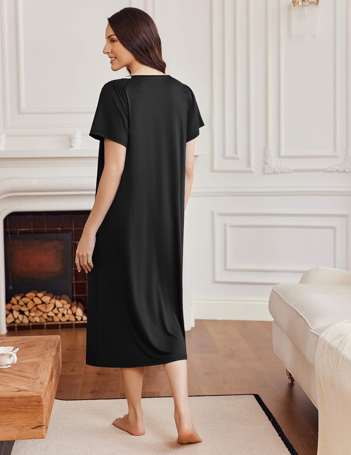 Ekouaer Long Nightgowns for Women Short Sleeve Sleepshirt Button Sleep Dress with Pockets - Image 4