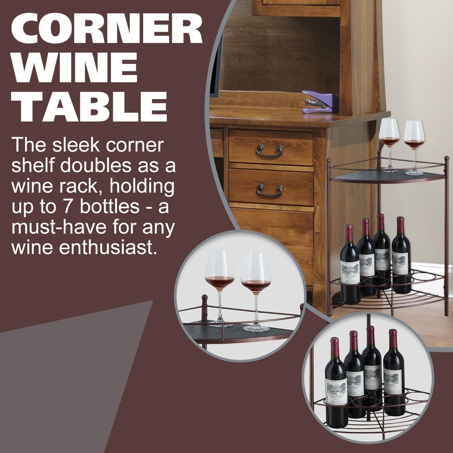 Kings Brand Furniture - Corner Side End Table with Storage Shelf,7-Bottle Wine Storage Rack, Bronze