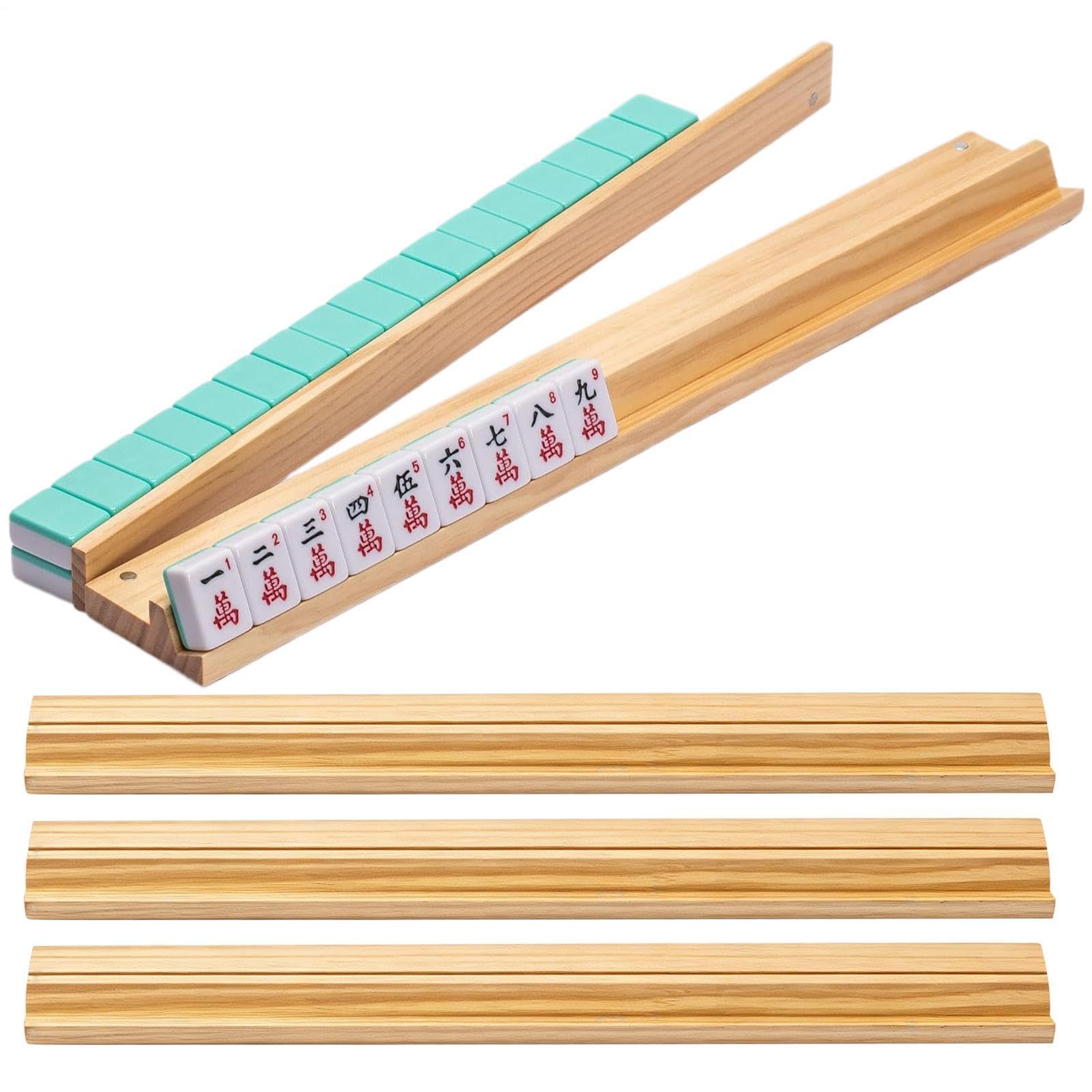 Juego de 4 estantes de madera para mahjong | Juego de empujadores y estantes de mahjong | 45 cm de madera Mahjong azulejos con empujadores | Regla de estante Majiongs natural antideslizante para