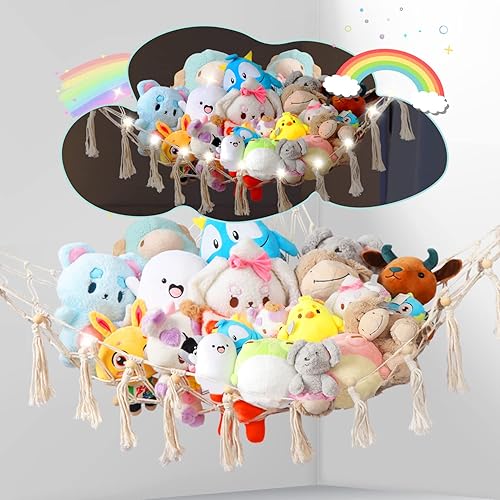 Hamaca grande de animales de peluche con luz LED, red de animales de peluche para almacenamiento de juguetes y decoración de pared, soporte de red