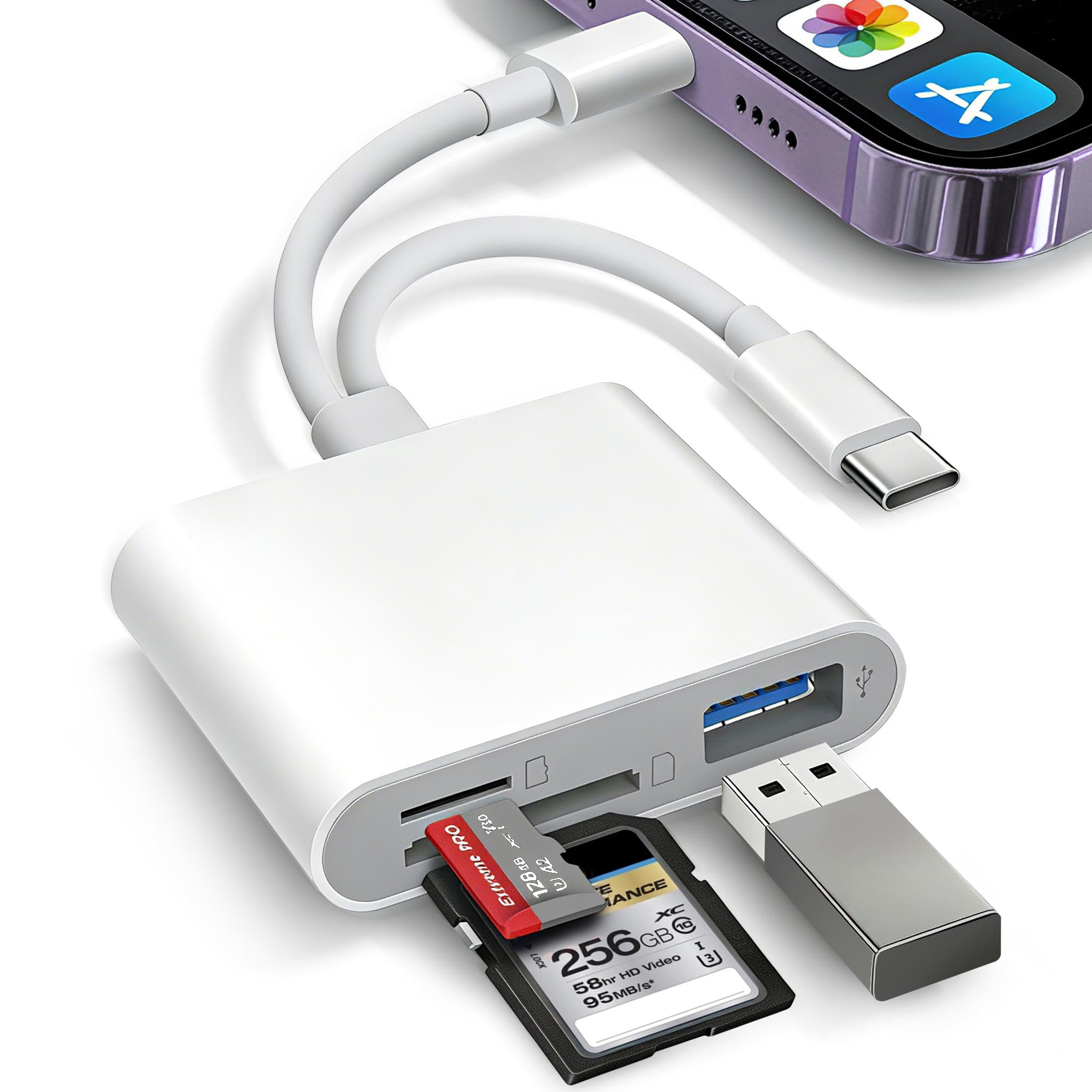 Lettore di schede SD per iPhone, iPad, USB-C e lettore di schede di memoria a doppia porta, trasferimento USB 3.0 ad alta velocità, non richiede app o driver, adattatore per fotocamera supporta SD