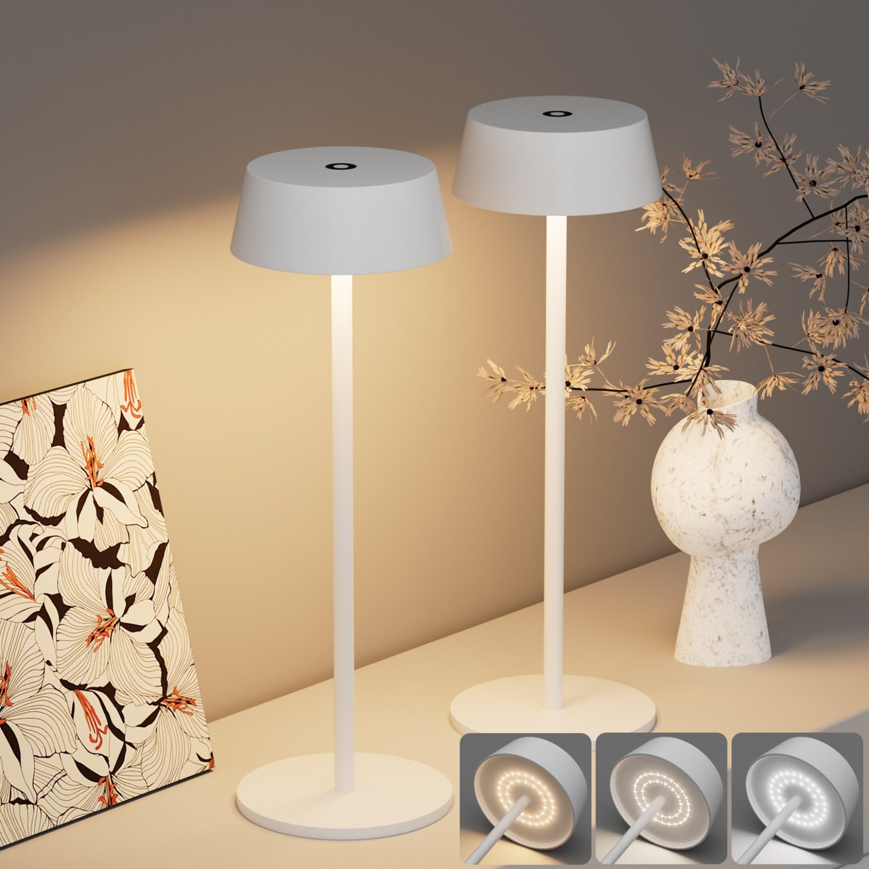Kligten Lot de 2 LED Dimmable Blanc Lampe de Table à batterier, Rechargeable Lampes de Bureau avec Chargement USB-C pour Intérieur Extérieur, 3000K/4000K/6000K, Aluminium, IP54