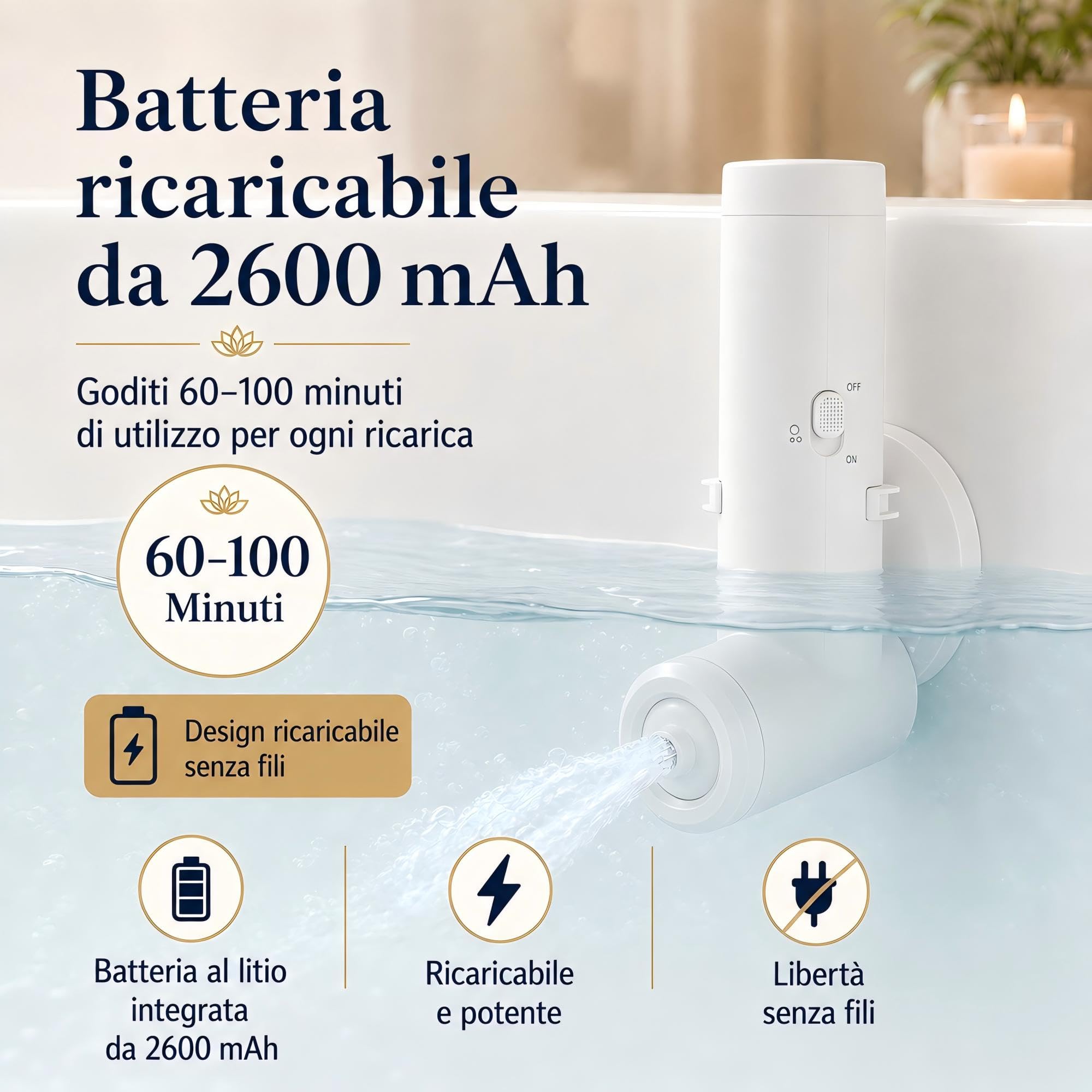 Getto Spa per Vasca, Fornisce Un'intensità di Massaggio di 65 kPa, Getto Idromassaggio Ricaricabile con Modalità Bolle, per Bagno Schiuma e Massaggio, Ideale per Relax (Bianco)