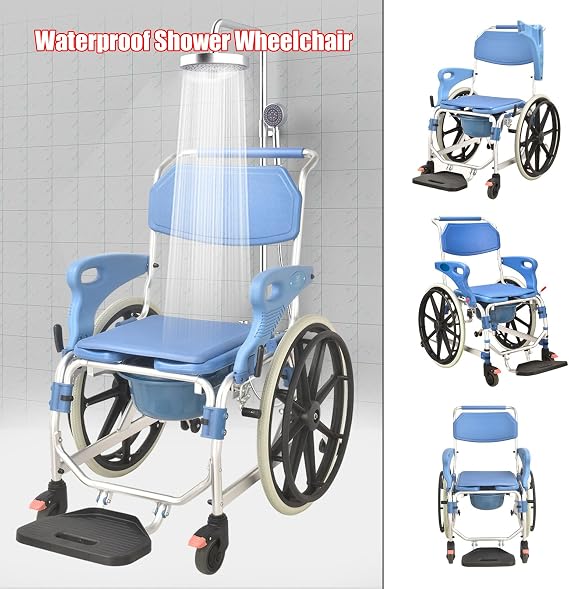 Shower Wheelchairs for Disabled, Self Propelled Shower Commode Chair, with Flip Armrest, Footrests, Potty, Travel Wheelchair for Handicap Elderly, 330