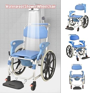 Shower Wheelchairs for Disabled, Self Propelled Shower Commode Chair, with Flip Armrest, Footrests, Potty, Travel Wheelchair for Handicap Elderly, 330