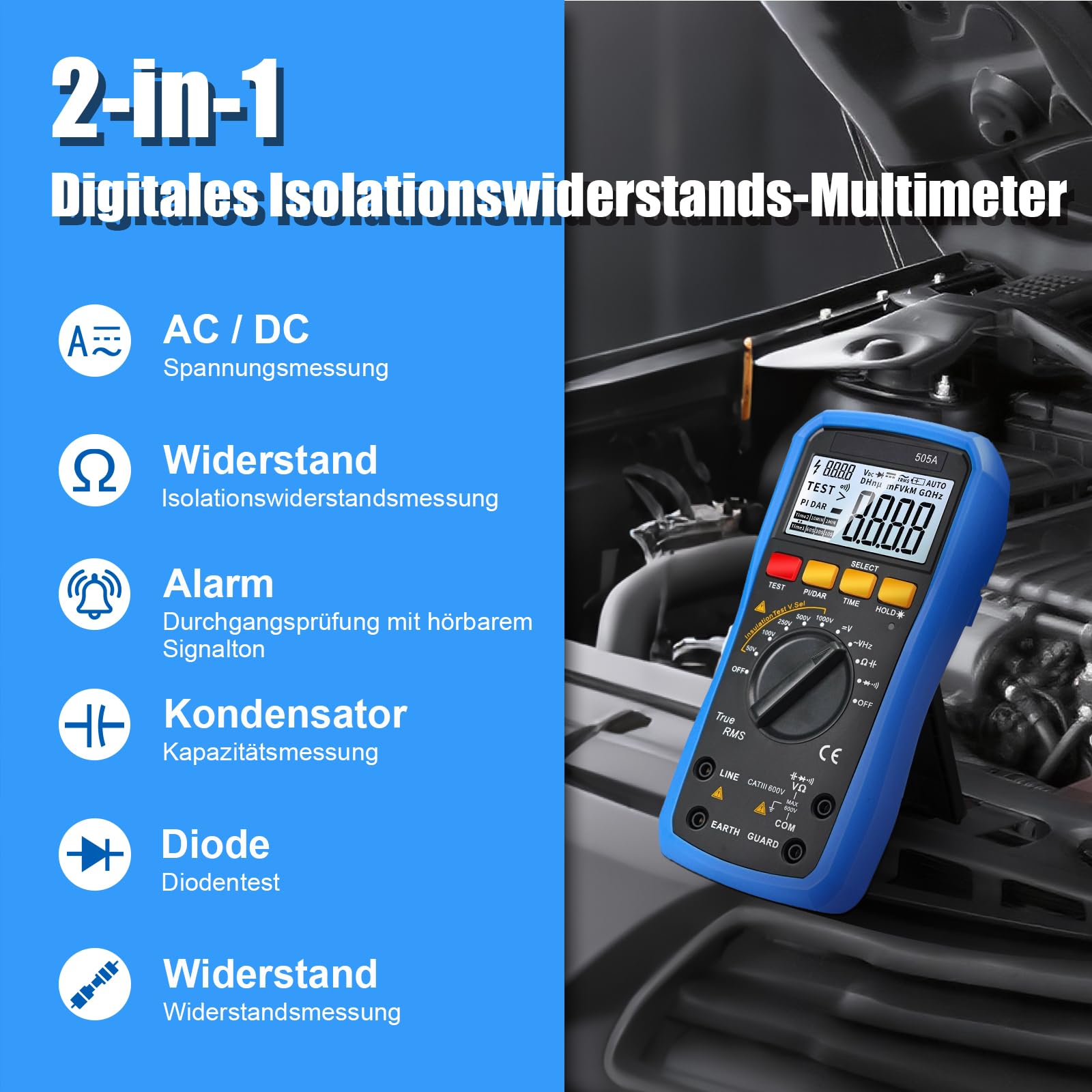 Isolationswiderstandsmessgerät + Digital multimeter-Kombigerät Megohmmeter-Spannungsbereich: 50 V–1000 V Widerstandsbereich: 0,05 MΩ–20 GΩ Digital multimeter misst Wechsel-/Gleichspannung, Widerstand