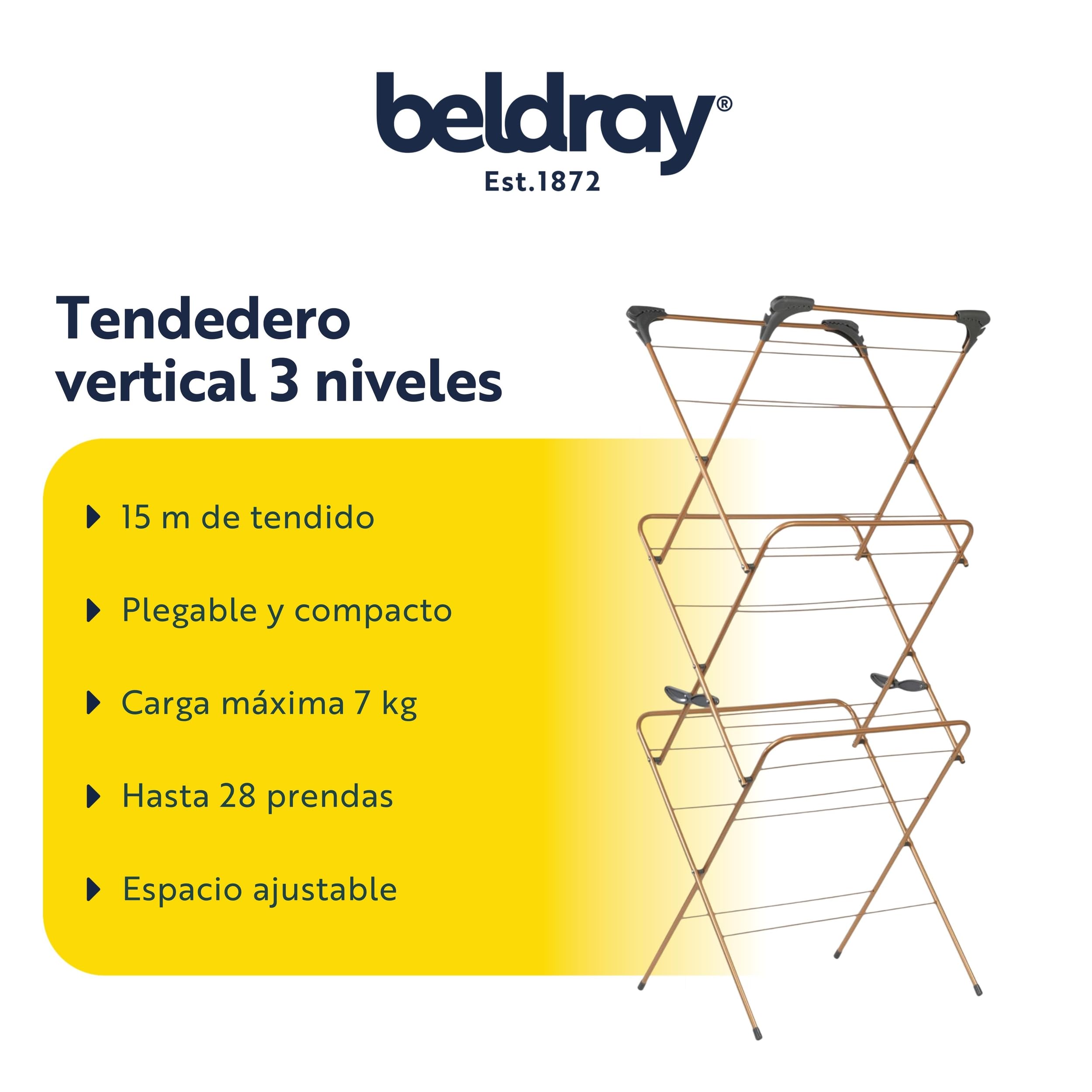 Beldray LA089397GRYU7 Tendedero Vertical De 3 Niveles De Edición Cobre, Elegante, 15 Metros de Tender, Plegable y Compacto, Carga Máx. 7kg, Cuelga Hasta 28 Prendas, Secar La Colada Con Facilidad