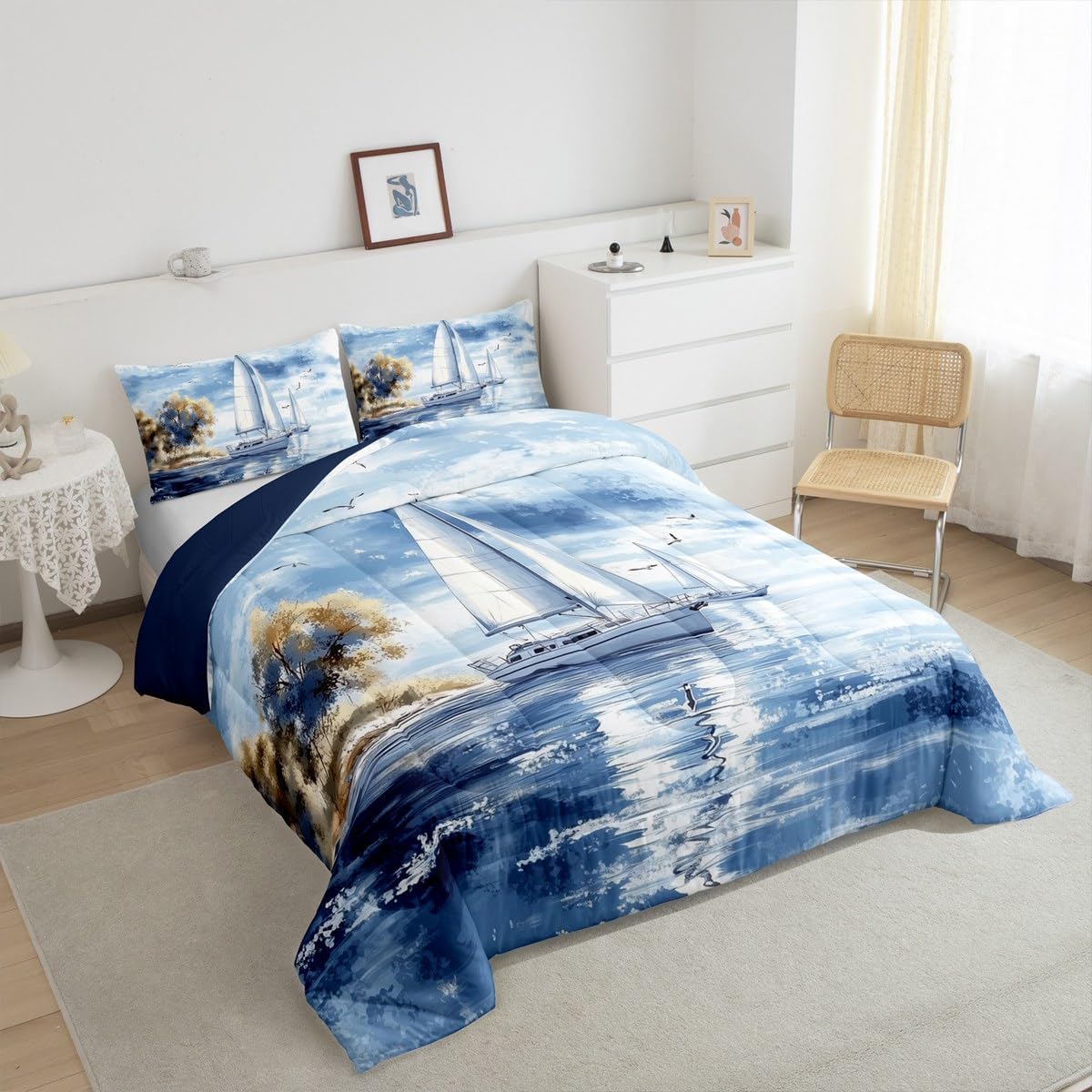 Sailboat Queen Comforter Sets for Kids Adults,Nautical Ocean Bedding Sets Youth Men Teens Child,Kids Boys Girls Sea Adventure 3 Pieces Quilt Set,Ocean Themed Modern Duvet Insert,Soft Fluffy