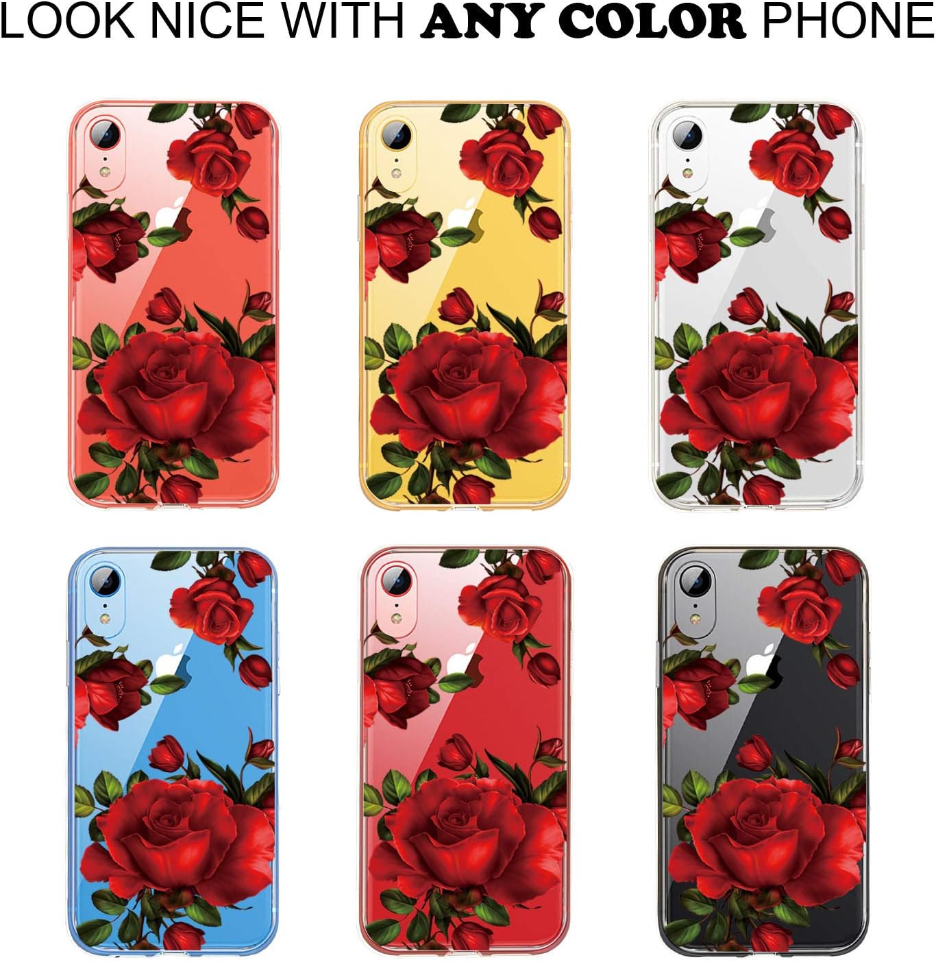JAHOLAN iPhone XR Case Clear TPU Soft Slim Flexible Silicone Cover Girls Flower Design Cute Phone Case for iPhone XR - Red Rose