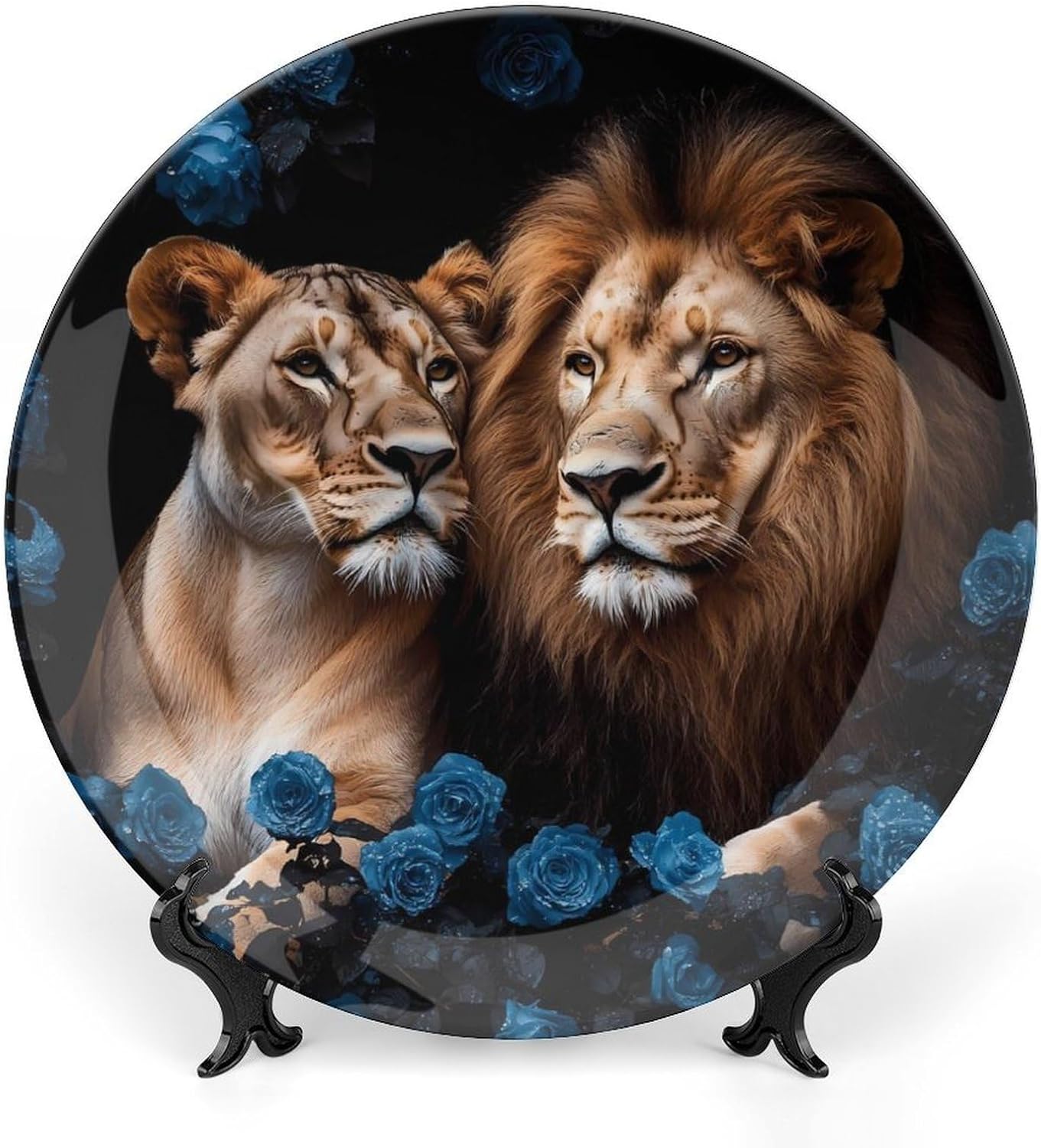 Lion Blue Rose Bone China Decorative Plate with Stand Home Dessert Plates Gift for Men Women 7inch