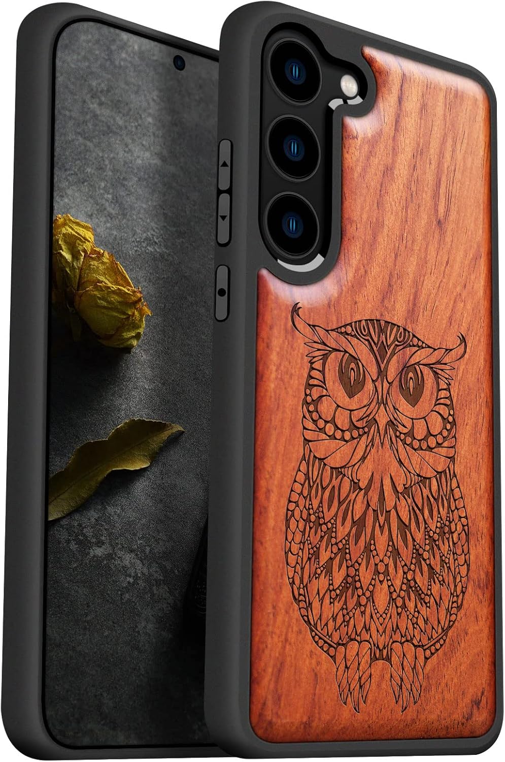 Carveit Wood Case for Galaxy S23 Case [Natural Wood & Black Soft TPU] Shockproof Protective Cover Unique & Classy Wooden Design Compatible with Samsung S23 (Branch owl-Blackwood)