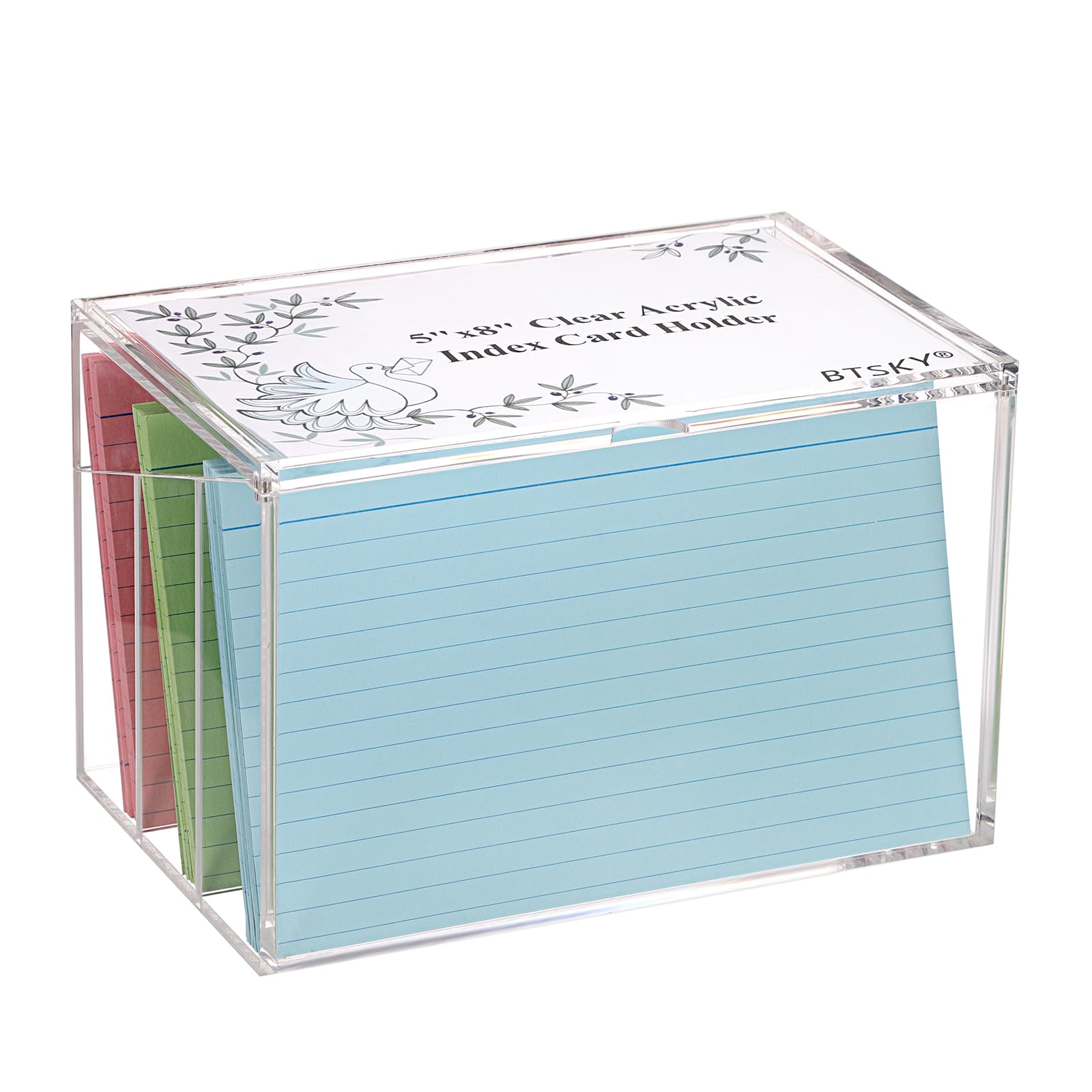 BTSKY Karteikasten aus transparentem Acryl, 12,7 x 20,3 cm, mit Schilddeckel und herausnehmbaren Einsätzen, unterteilter 3-Fächer, Karteikartenhalter, Notizkarten-Box, Foto-Aufbewahrungs-Organizer zum