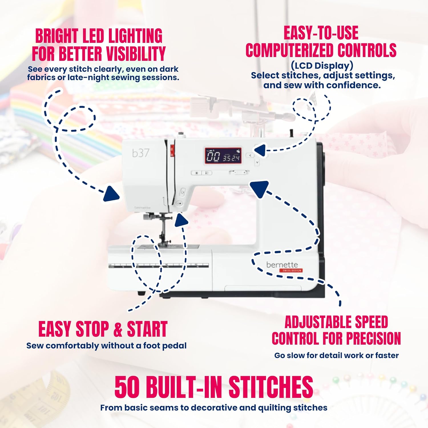 Bernette B37 Computerized Sewing Machine with LCD Display | Advanced Sewing & Quilting | 50 Stitches, One-Step Buttonhole, Automatic Needle Threader, Free Arm, LED Light |Adjustable Stitches
