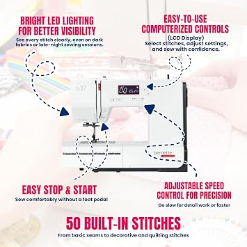 Bernette B37 Computerized Sewing Machine with LCD Display | Advanced Sewing & Quilting | 50 Stitches, One-Step Buttonhole, Automatic Needle Threader, Free Arm, LED Light |Adjustable Stitches