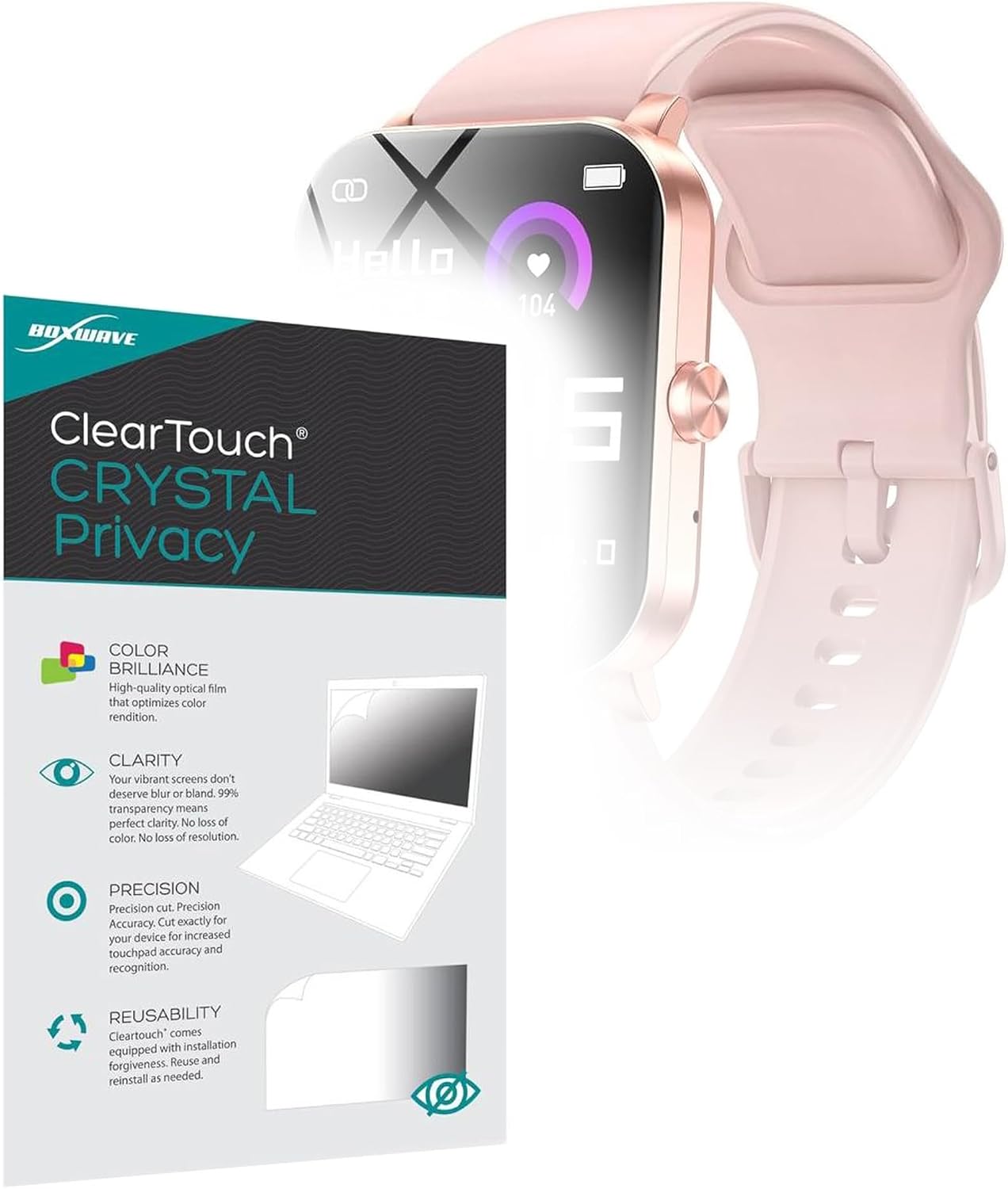BoxWave Screen Protector Compatible With Zenvid Smartwatch For Women Men (1.85 in) - ClearTouch Crystal Privacy (2-Pack), Privacy Screen Protector Flexible Film Clear