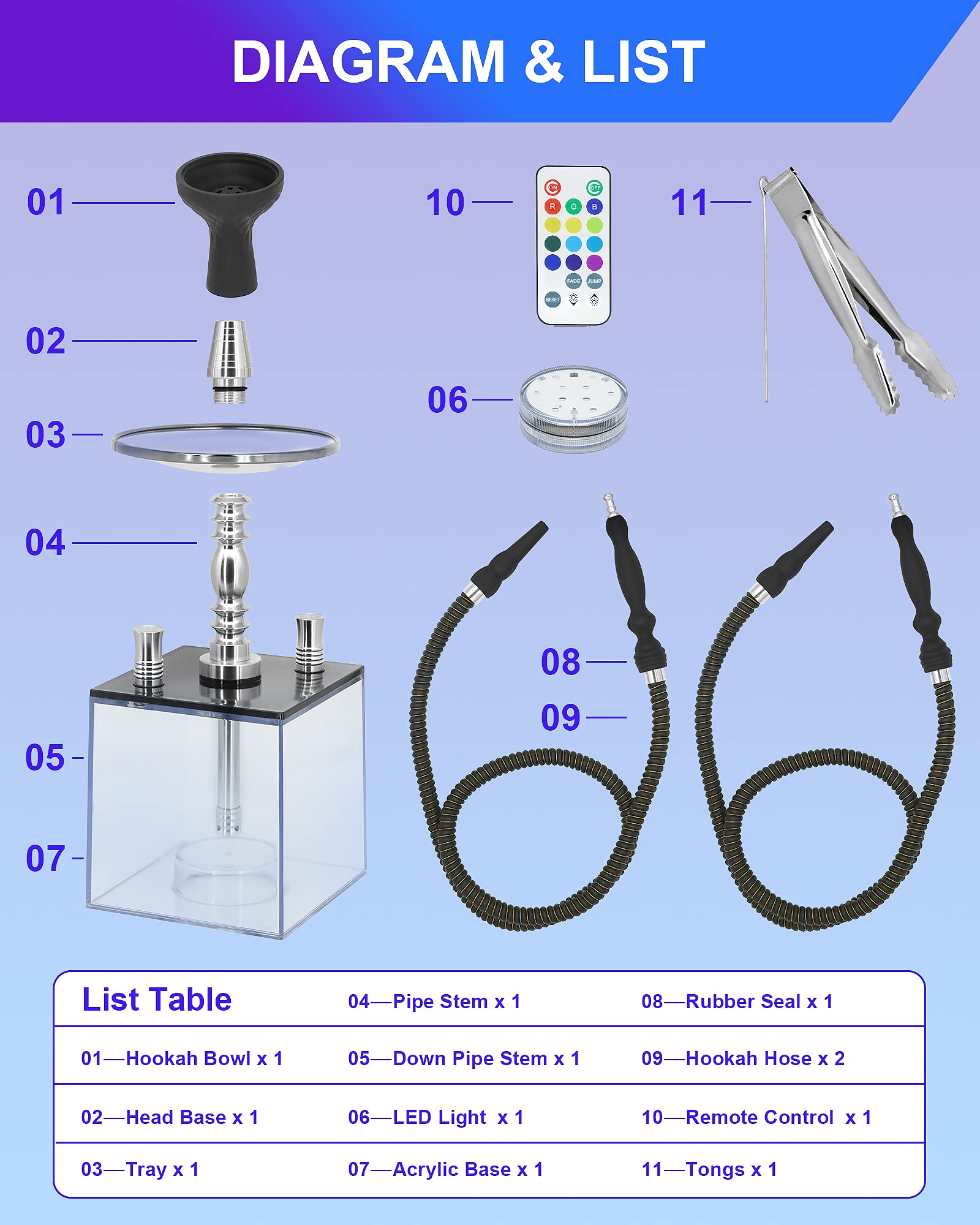 Hookah, juego de cachimba de acrílico con micro cubo LED – Incluye 2 mangueras – 16 fascinantes ajustes de color estático – Divertido kit de narguiles para adultos – hogar, bares, clubes, bodas,