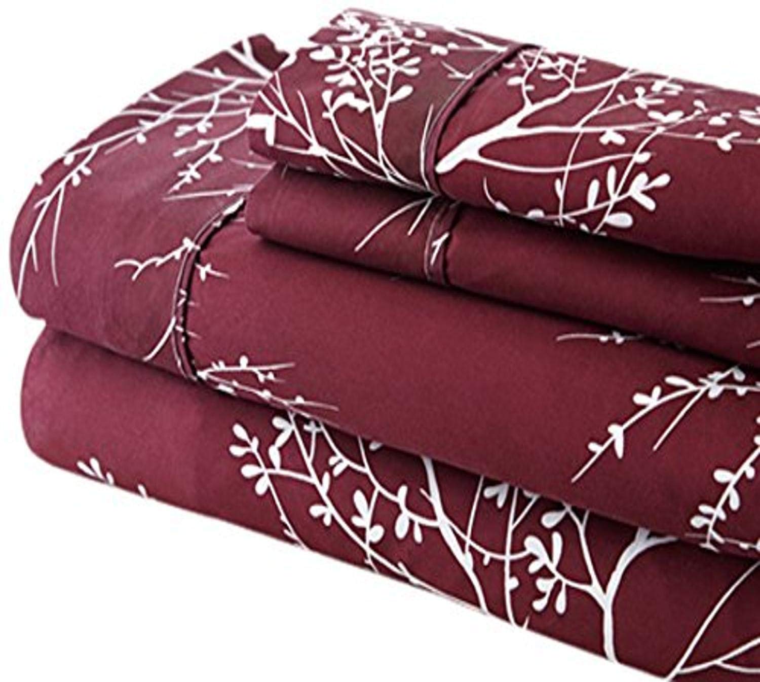 Spirit Linen Hotel 5th Ave Foliage Collection Printed Luxurious Microfiber Sheet Set, Burgundy/Ivory, Queen, Set of 4